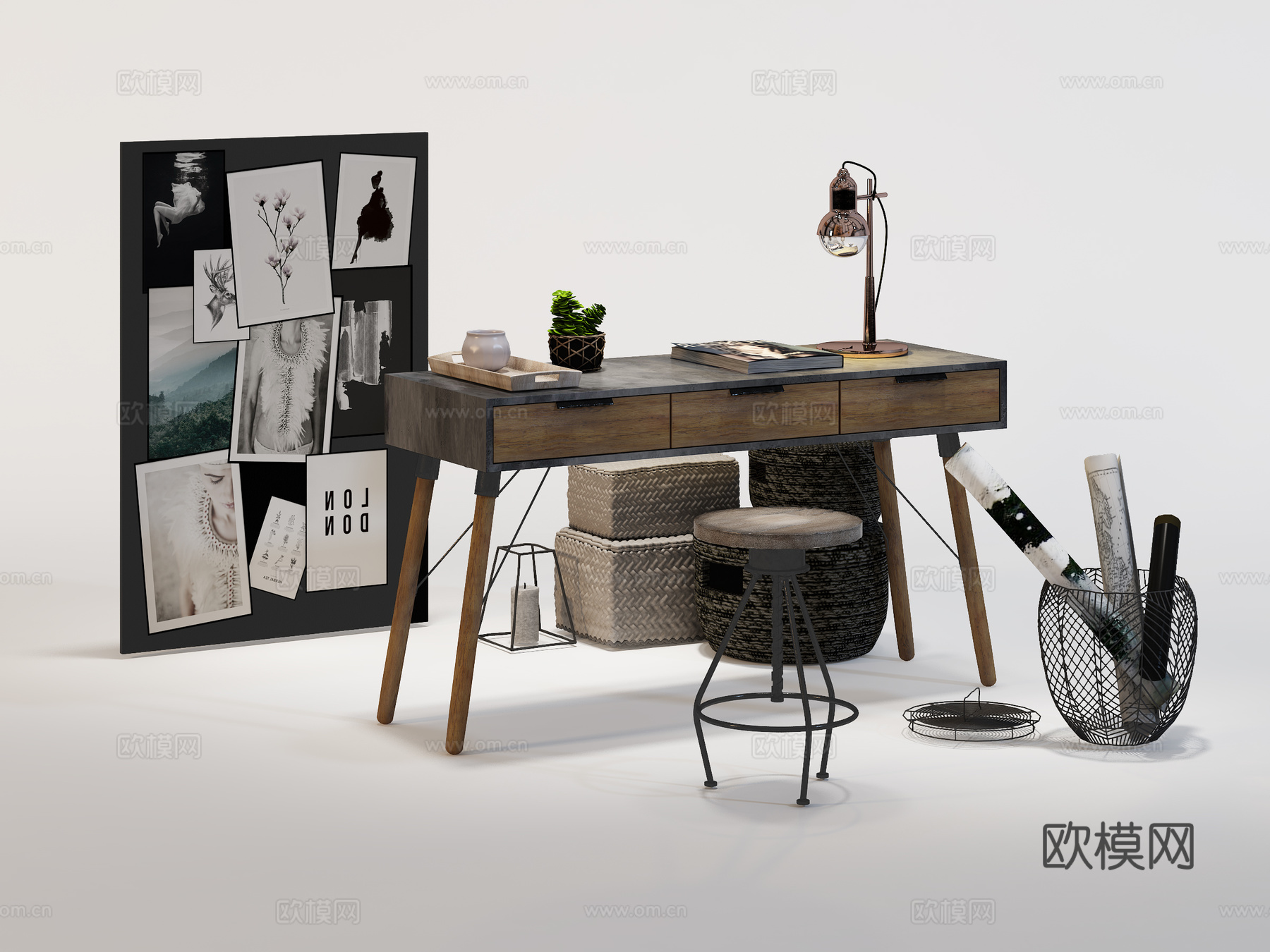 工业风书桌椅  挂画台灯  收纳箱组合su模型下载（渲染图1）