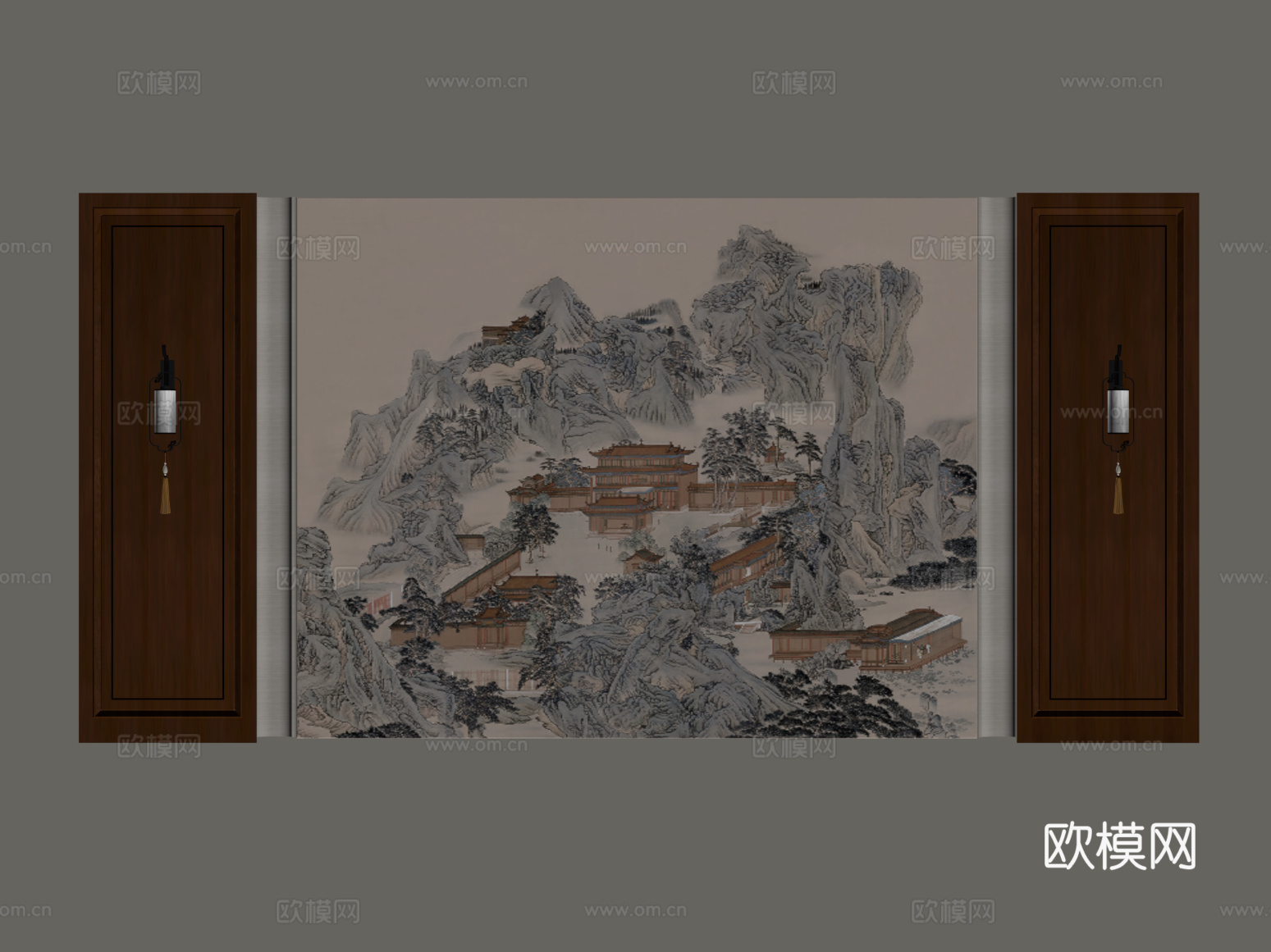 新中式背景墙su模型