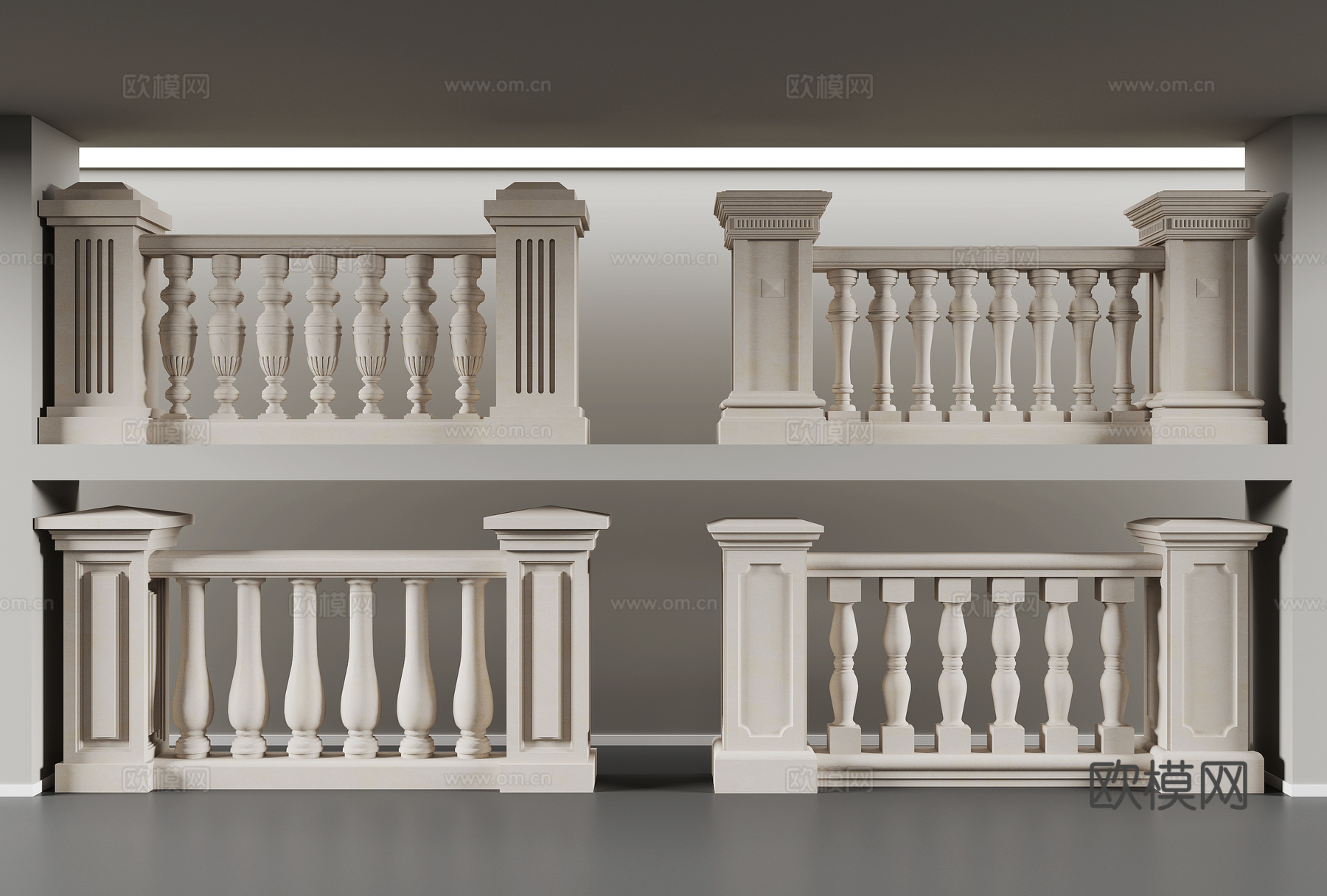 欧式栏杆 雕花线条 石柱3d模型