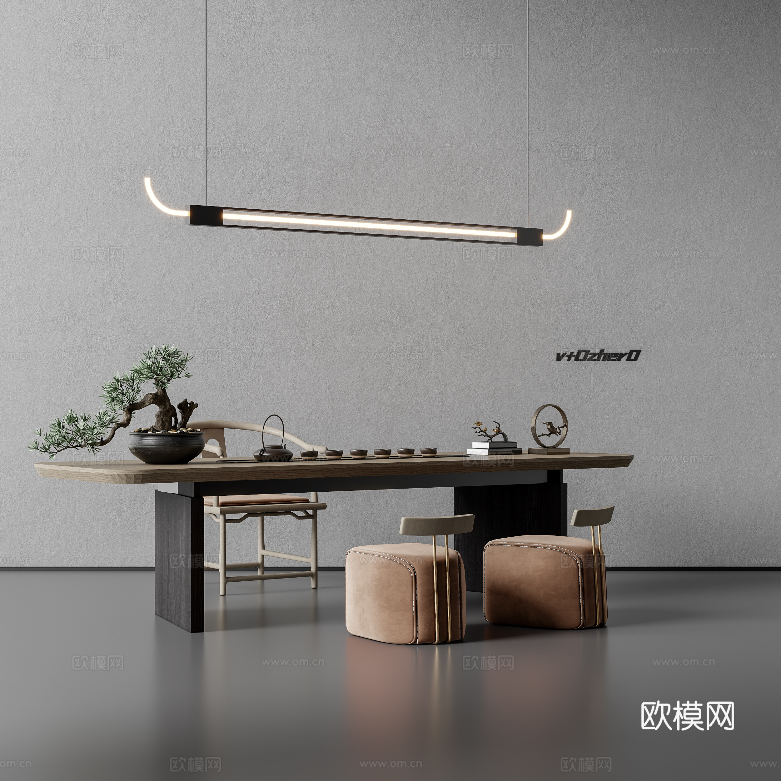 新中式茶桌椅su模型