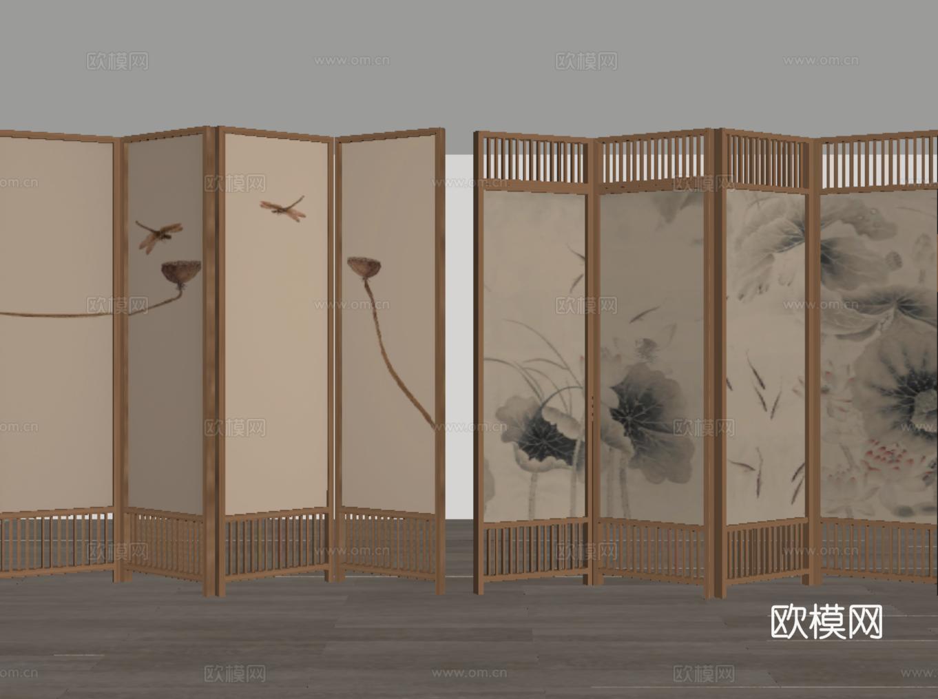 新中式 中式屏风隔断 植物画屏风 木质屏风 屏风su模型