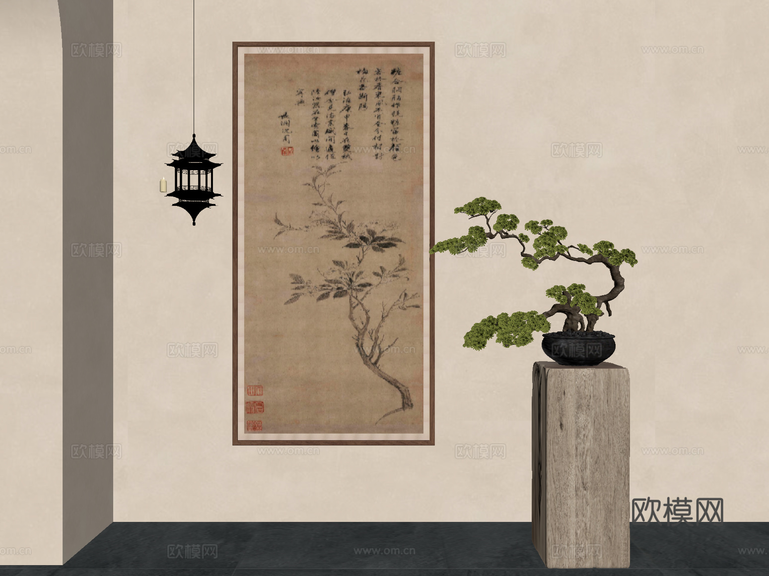 现代中古风盆景盆栽 吊灯su模型