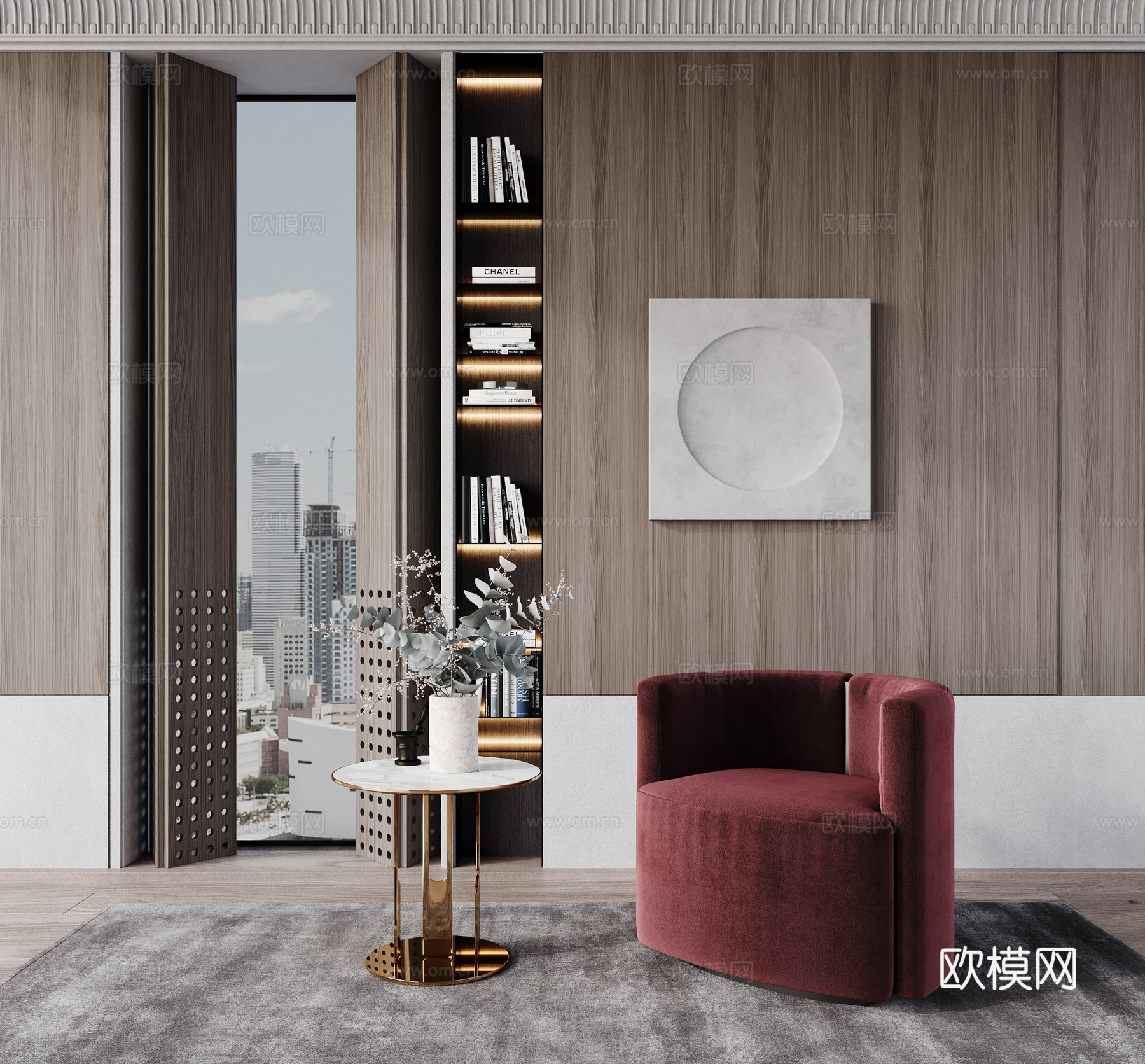 现代单人沙发单人椅边几现代摆件现代墙饰挂画地毯植物3d模型