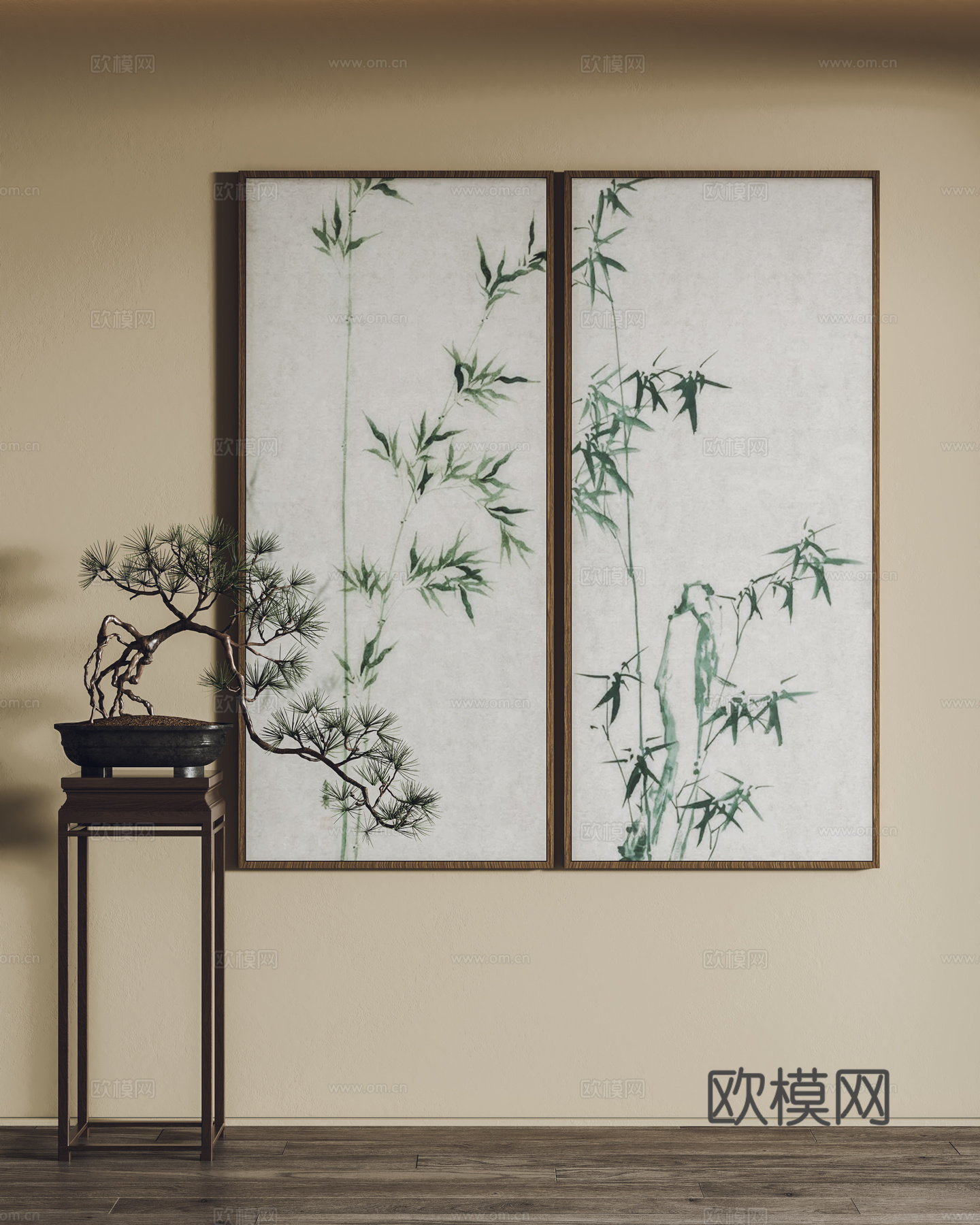 新中式挂画 装饰画 盆景3d模型
