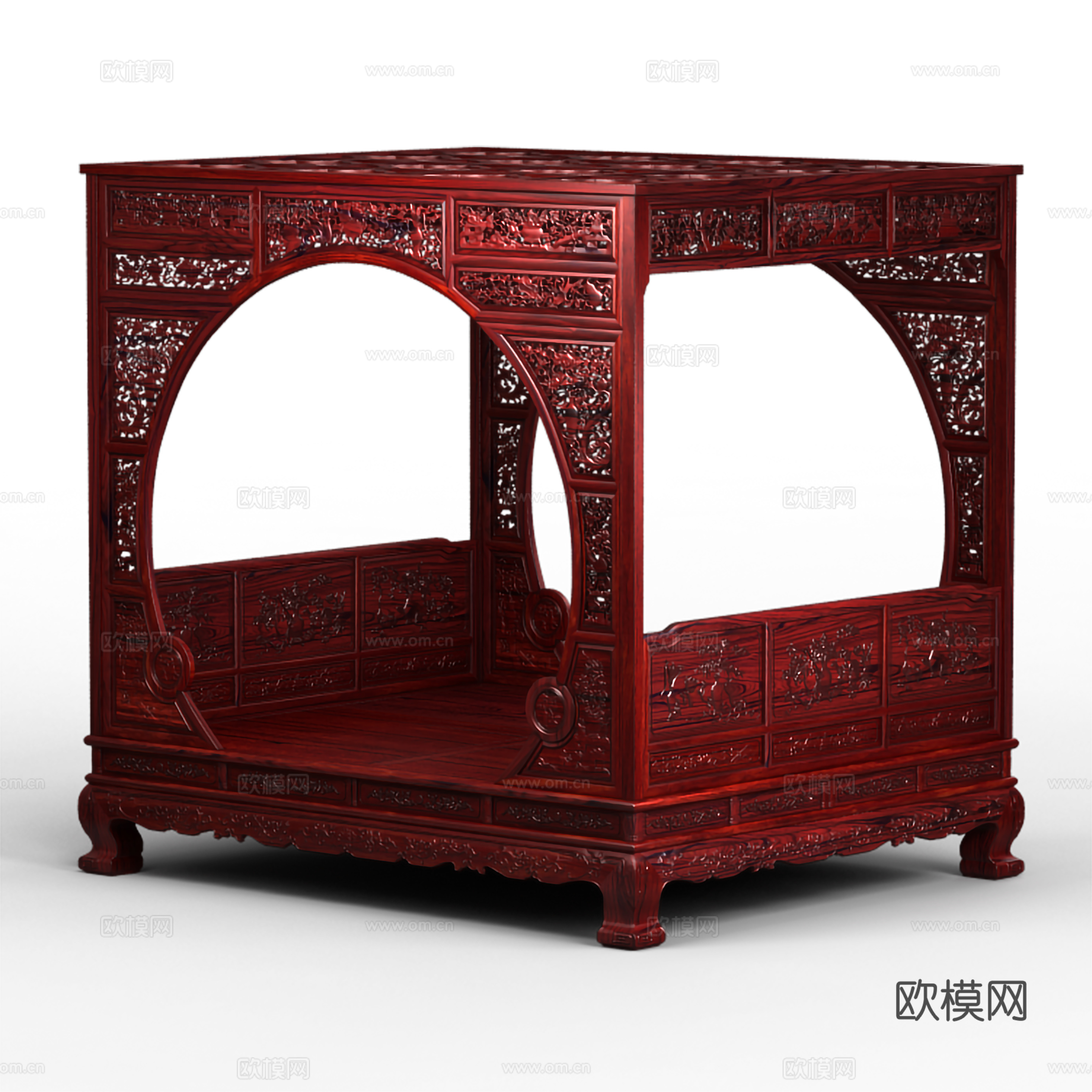 中式架子床 月洞门床 雕花造型 实木红木3d模型