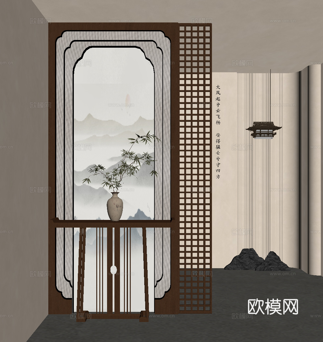 新中式玄关 端景台su模型