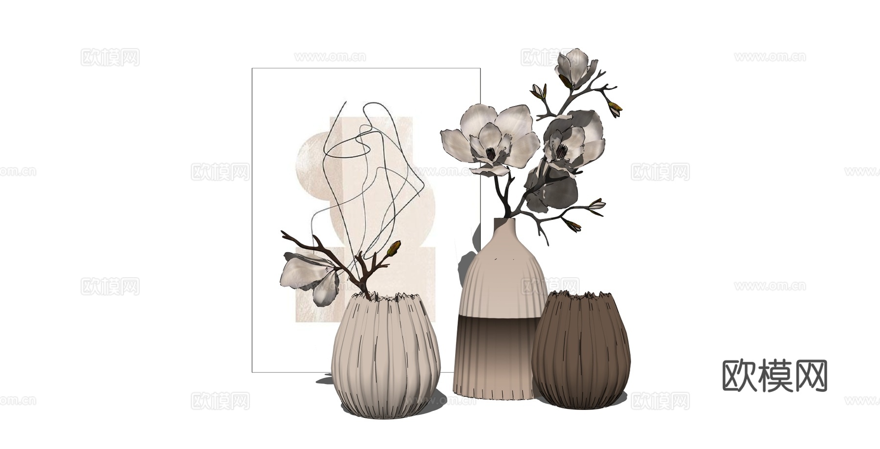 奶油侘寂风干花 花瓶 几何线型挂画su模型