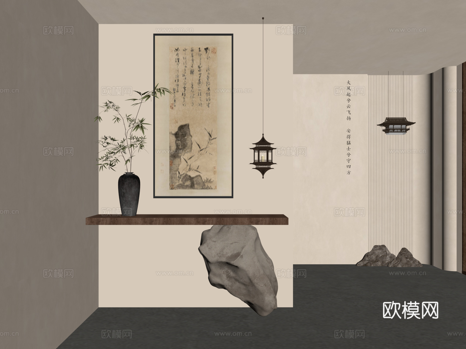 玄关 新中式玄关 背景墙 装饰画 绿植 装饰吊灯su模型