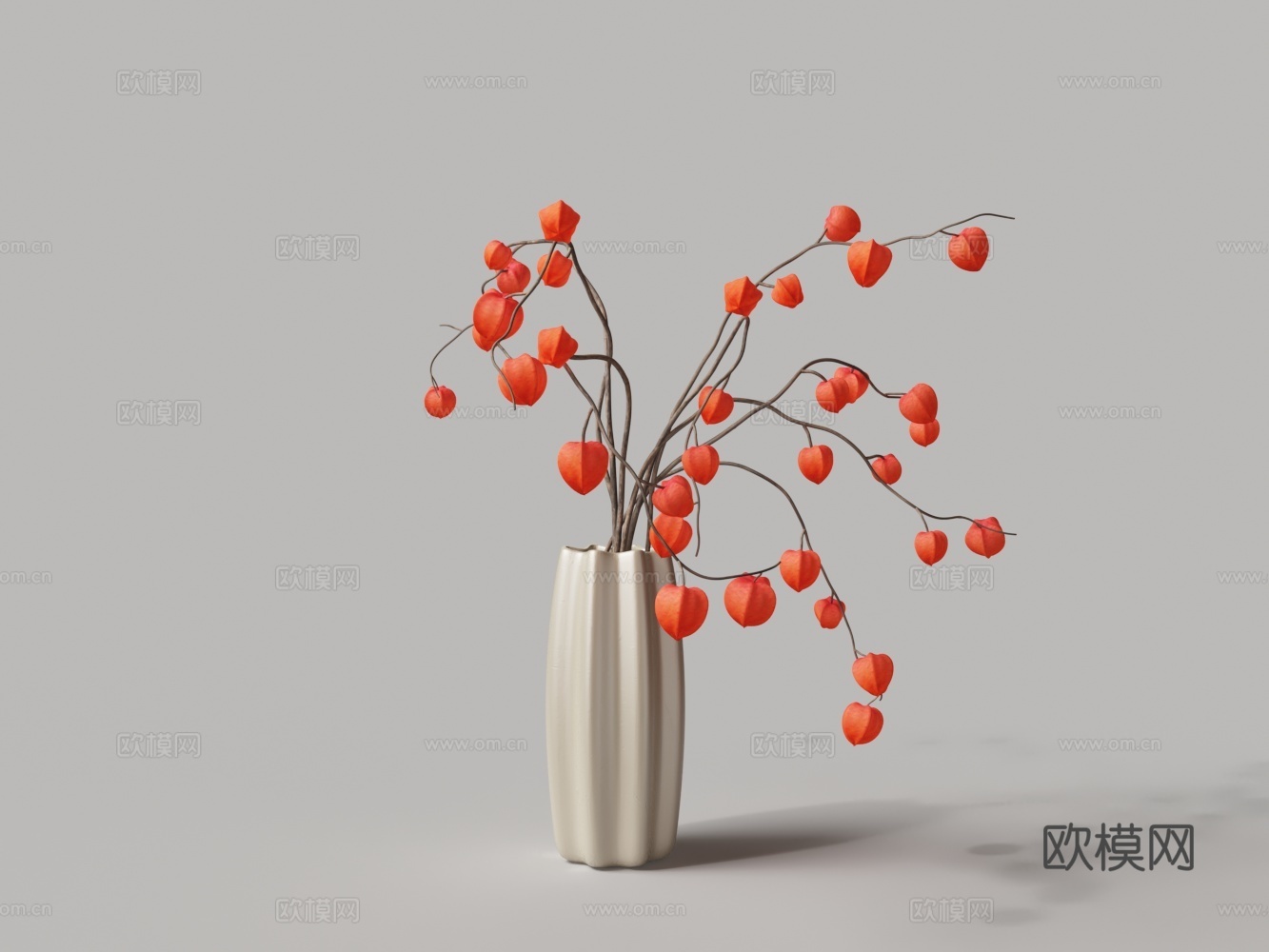 现代白瓷花瓶灯笼花花卉插花3d模型
