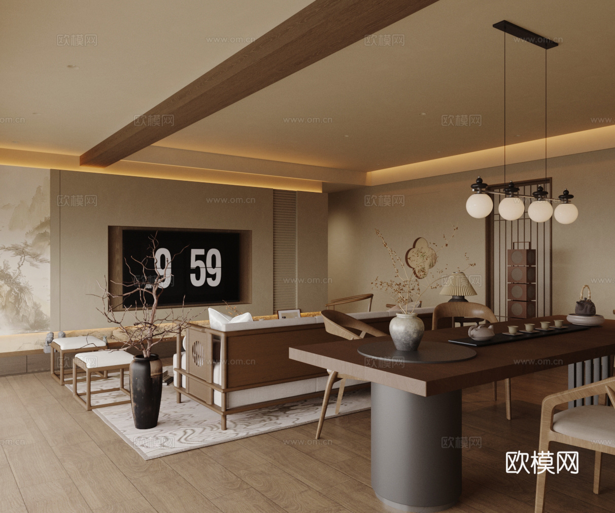 新中式禅意客厅 中式客厅 宋式美学客厅 沙发茶几组合 餐桌椅3d模型