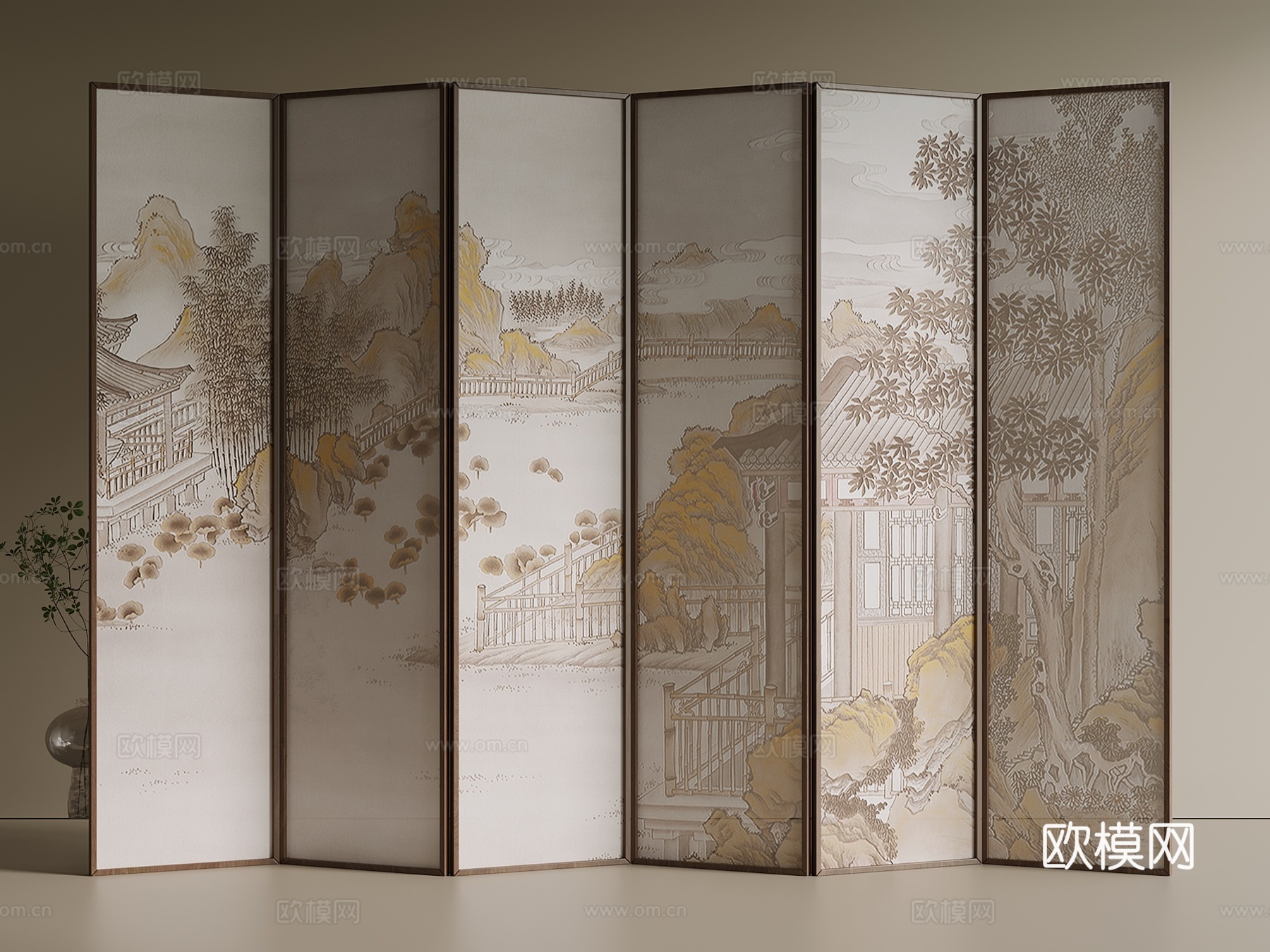 新中式 中古 屏风 木屏风 可折叠屏风3d模型