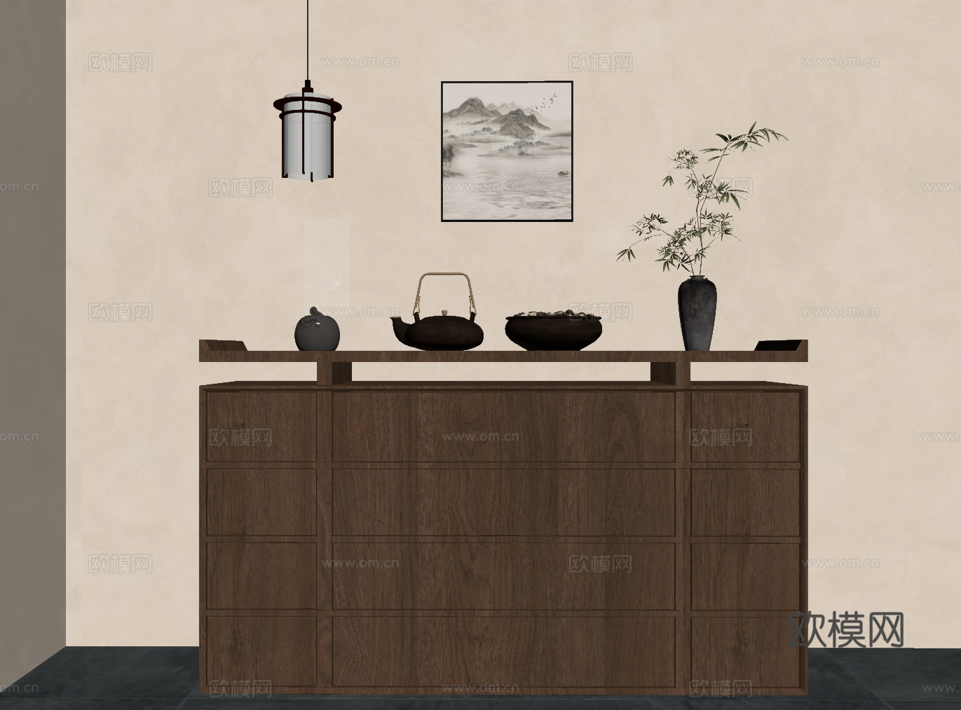 新中式玄关柜 吊灯 挂画su模型