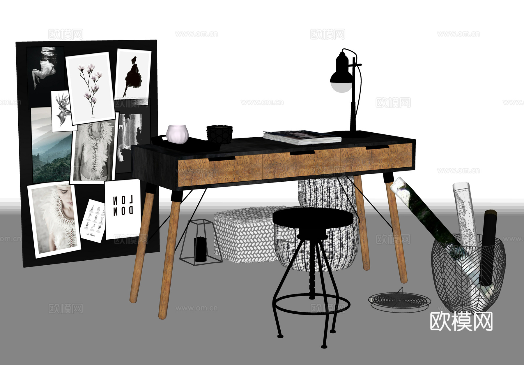 工业风书桌椅  挂画台灯  收纳箱组合su模型下载（渲染图2）