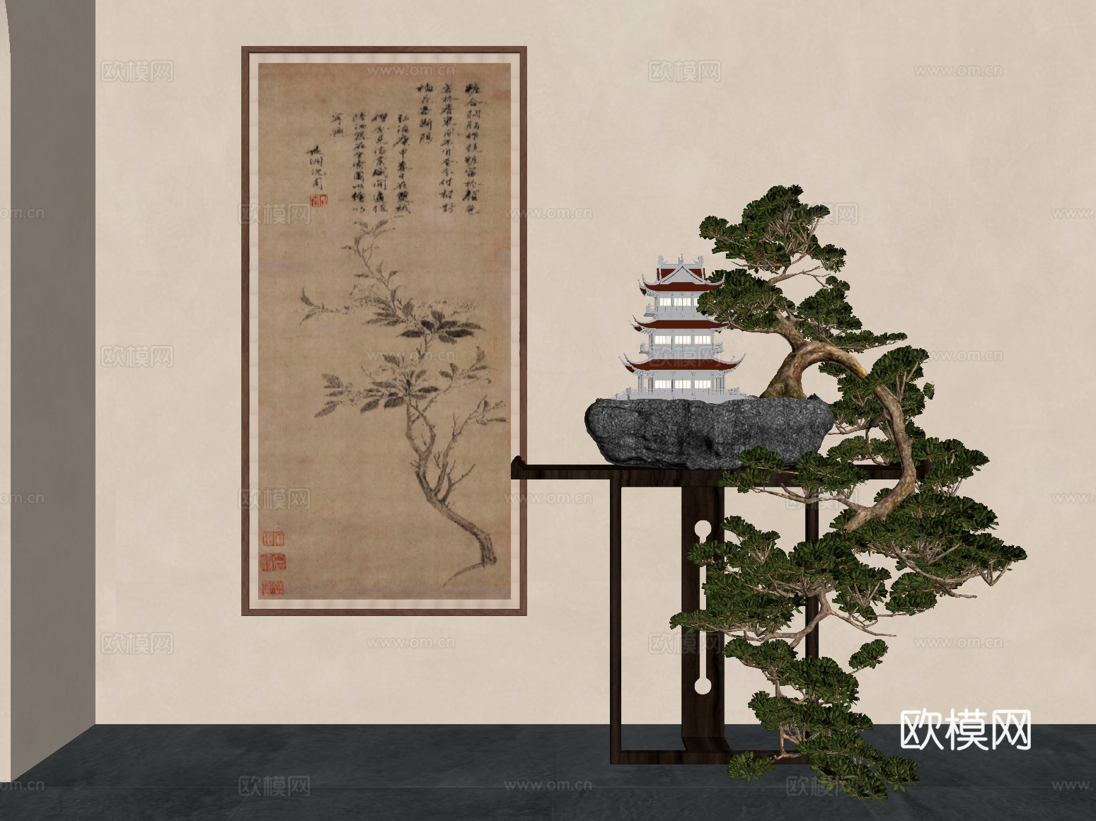 现代中古风盆景盆栽su模型