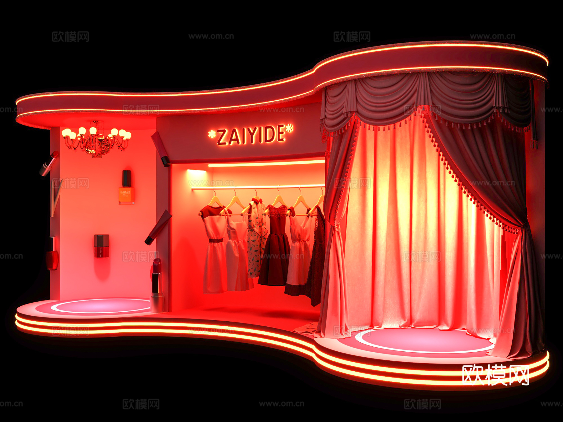 服装店门头舞台 女装铺面店铺店面 衣橱窗美陈衣帽间 网红化妆su模型