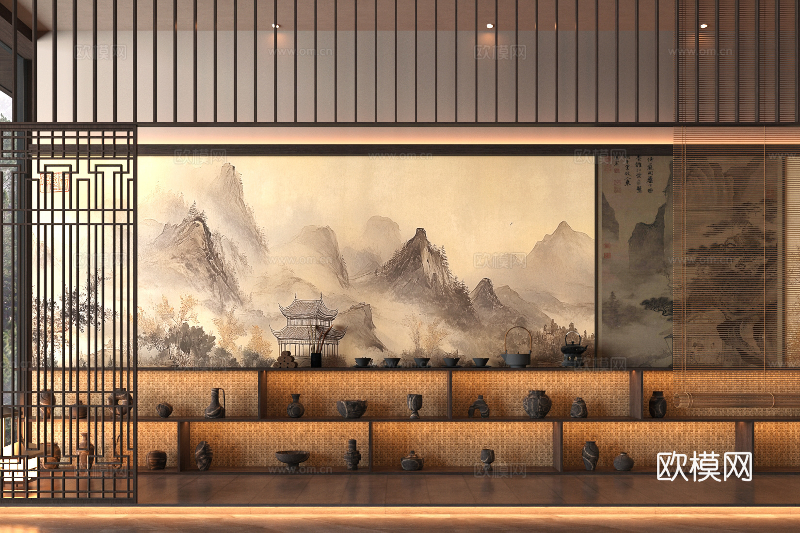 新中式禅意茶柜 宋式茶室柜 茶室背景墙 整排茶叶柜 山水画3d模型