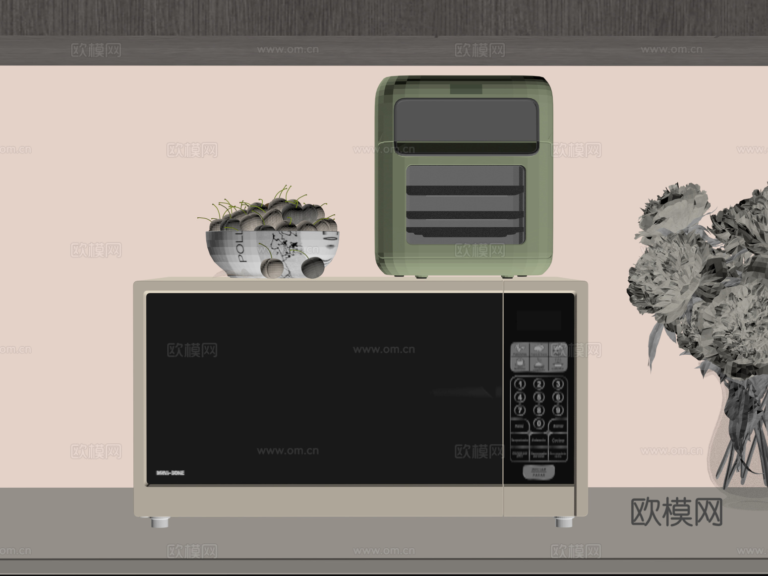 现代厨房用品 微波炉 面包机 花瓶su模型