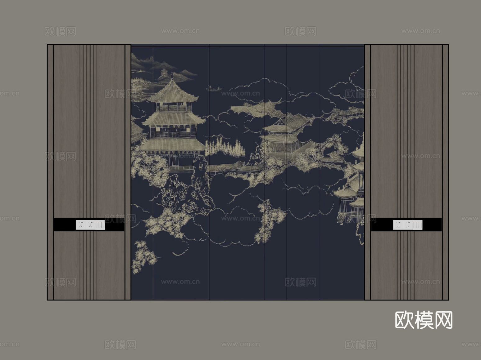 新中式背景墙su模型