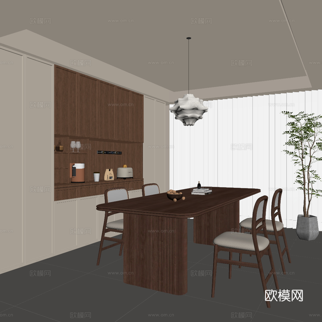 现代中古风餐厅 餐桌椅 酒柜su模型