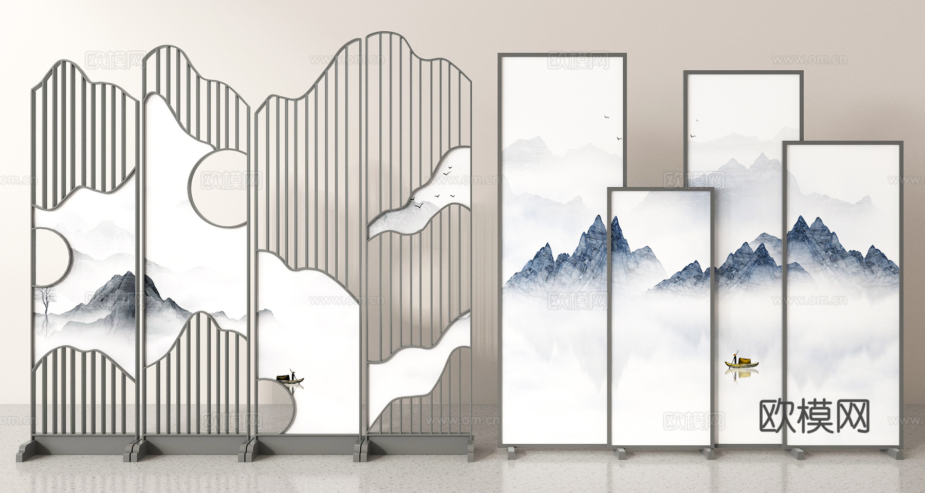 屏风 隔断 山水画屏风su模型