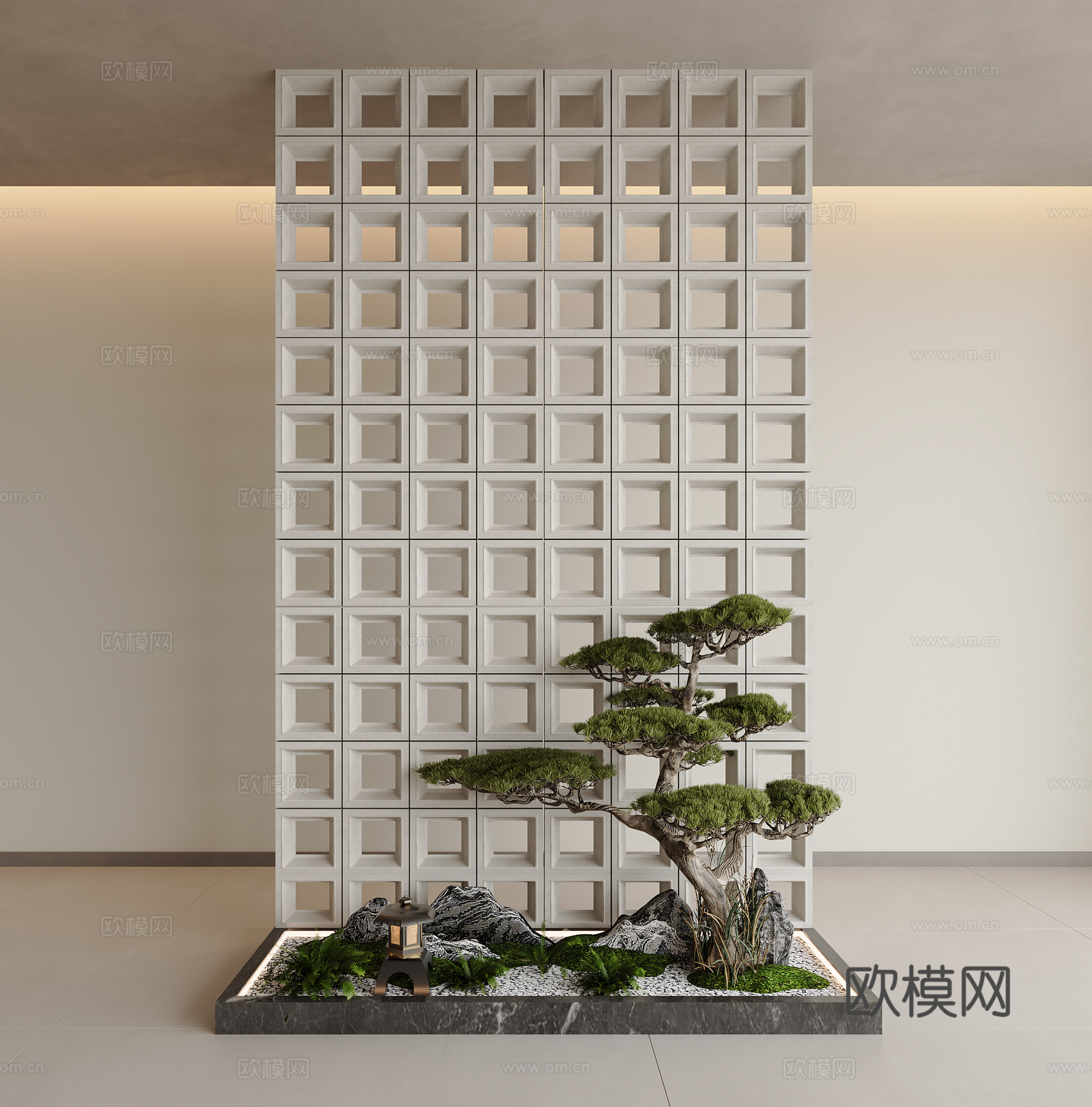 新中式室内景观 天井室内景观 玄关景观 楼梯景观 镂空水泥砖3d模型
