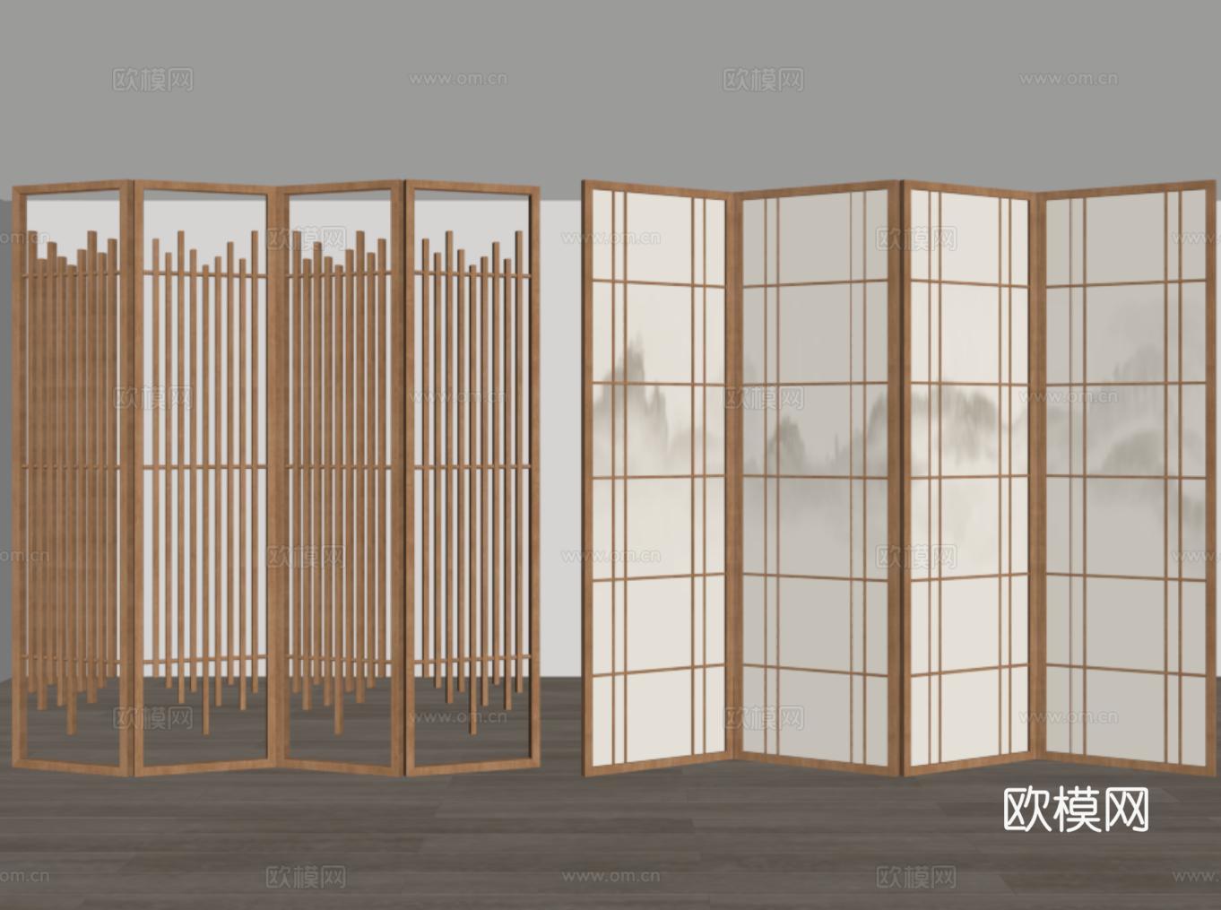新中式 中式 竹子屏风隔断 山水画屏风 实木屏风 屏风su模型