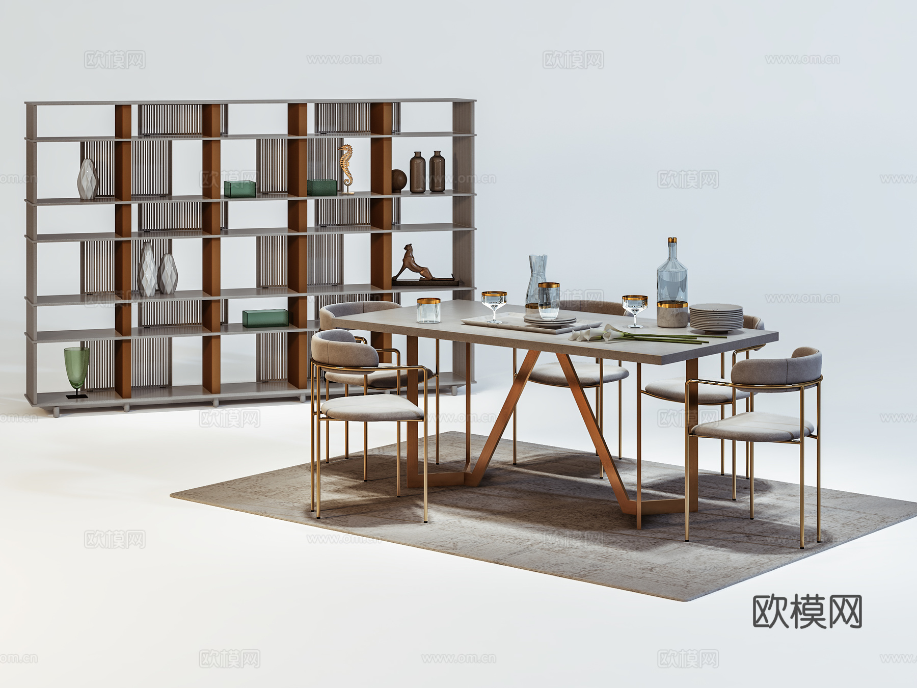 现代餐桌椅组合  洽谈桌椅  餐具  书架su模型