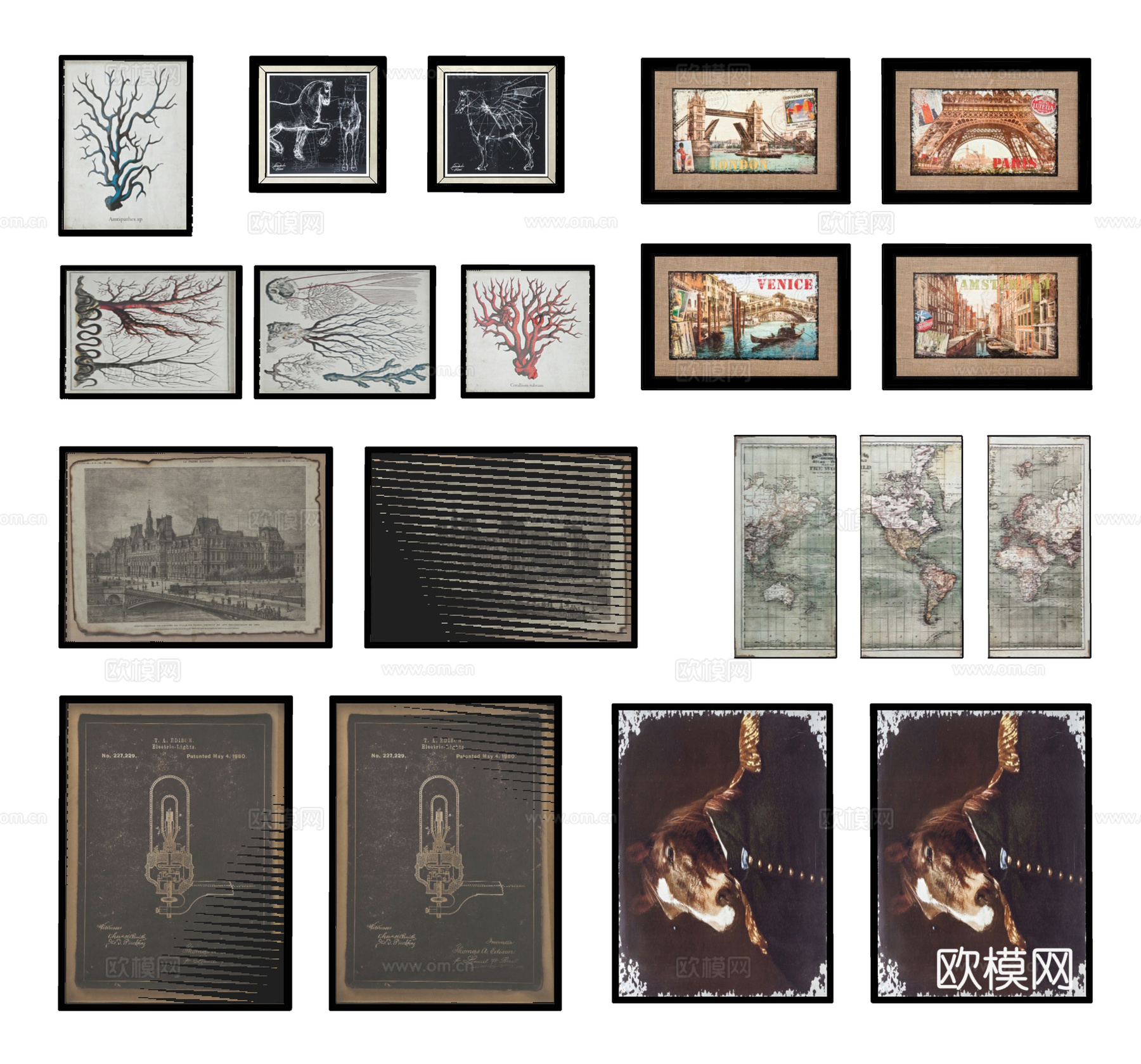 欧式挂画组合  墙面挂画 装饰画 抽象挂画su模型