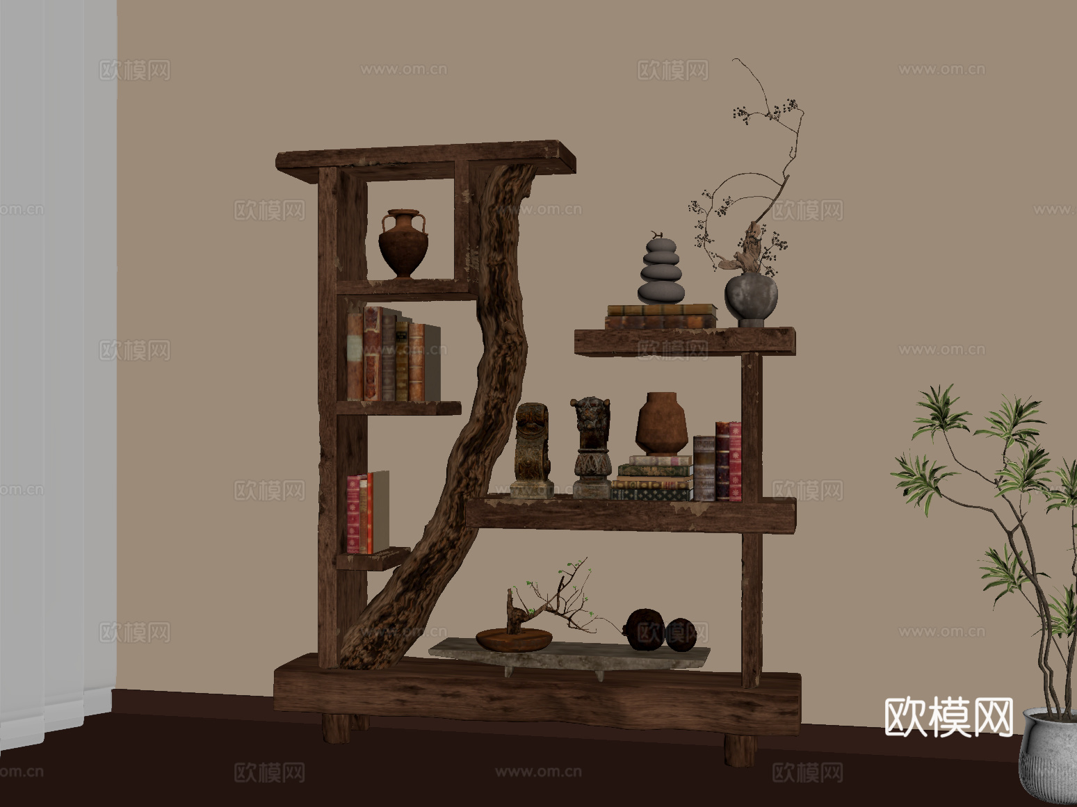 新中式置物架 绿植su模型