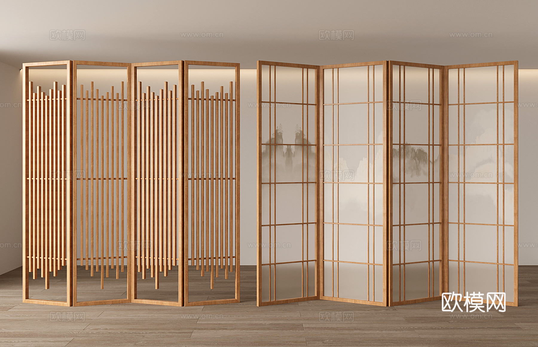 新中式 中式 竹子屏风隔断 山水画屏风 实木屏风 屏风3d模型