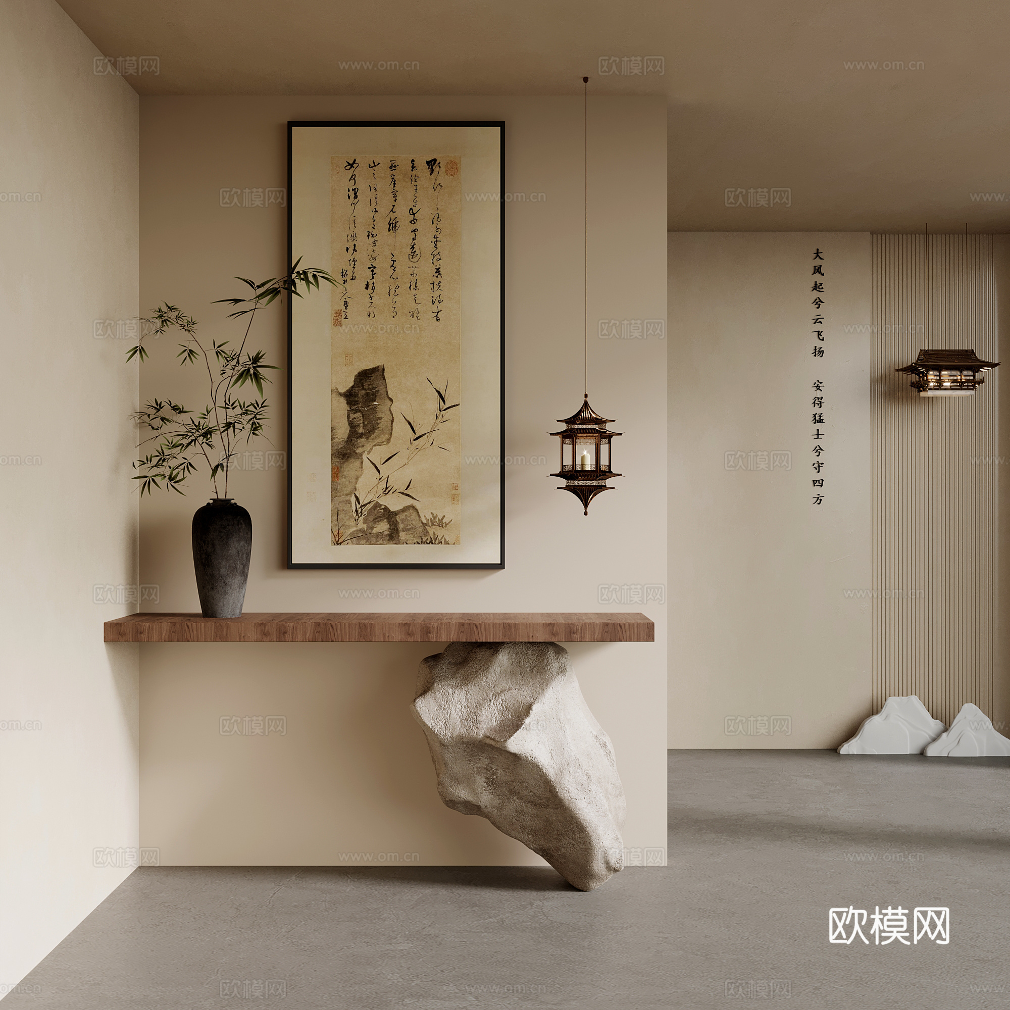 玄关 新中式玄关 背景墙 装饰画 绿植 装饰吊灯3d模型