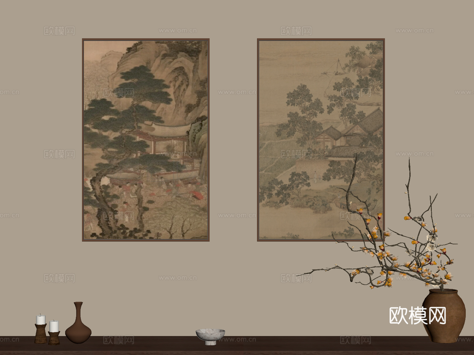 装饰画 宋式风挂画 装饰画 干枝盆景su模型