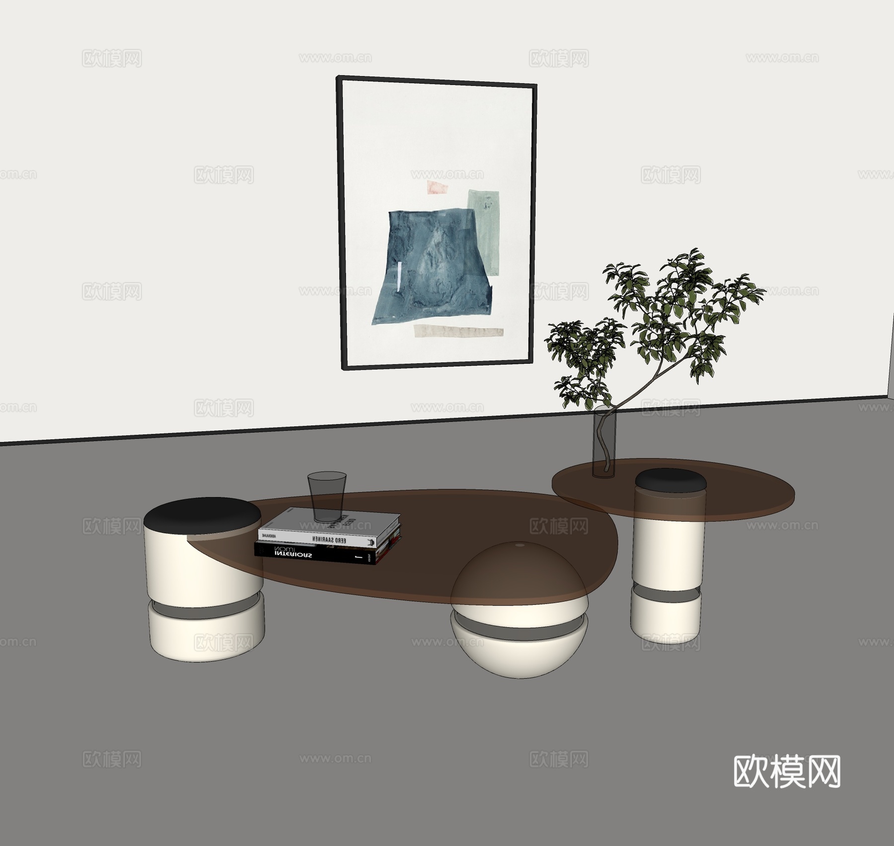 现代茶几组合 轻奢茶几组合 圆形茶几 奶油风茶几 玻璃茶几组su模型