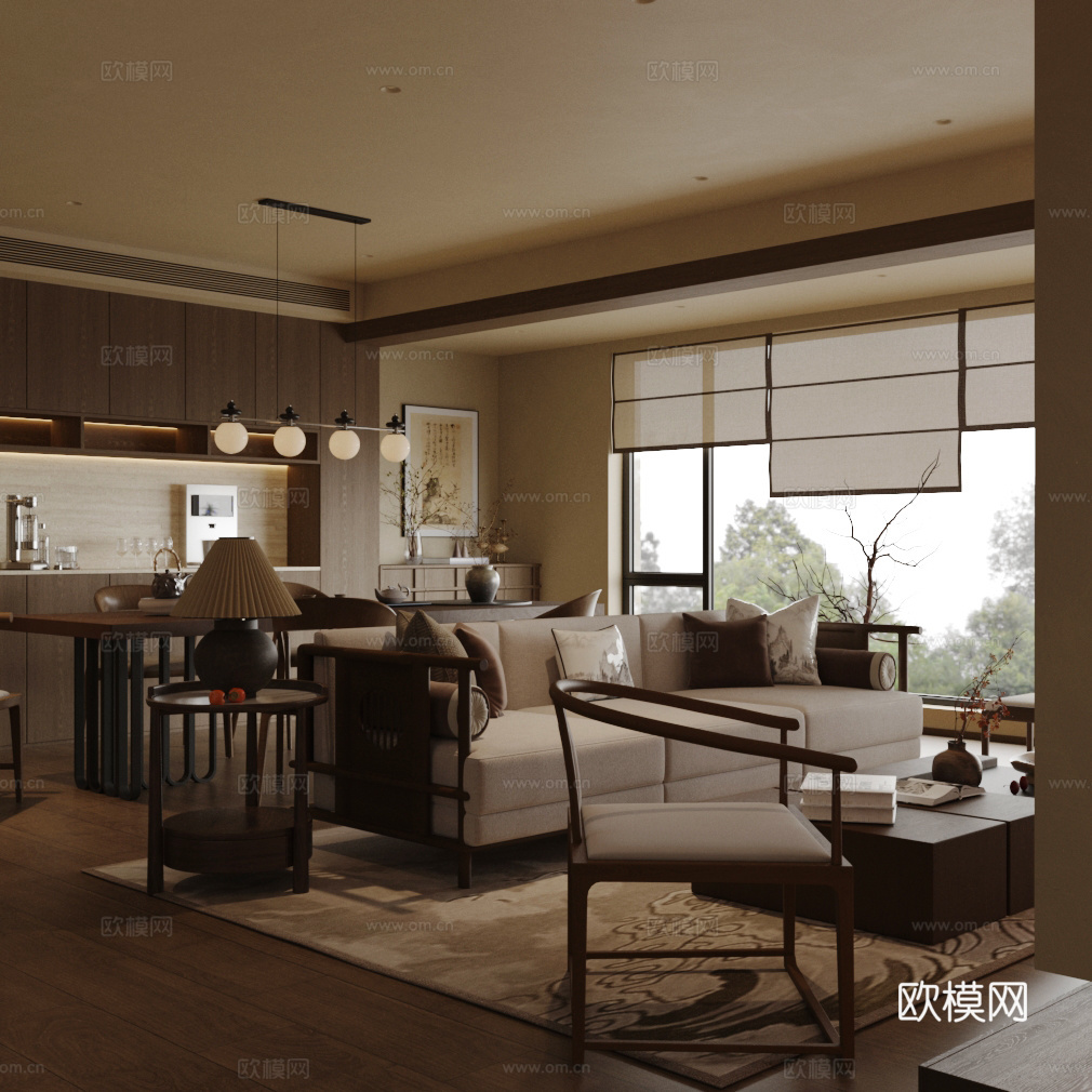 新中式禅意客厅 中式客厅 宋式美学客厅 沙发茶几组合 餐桌椅3d模型