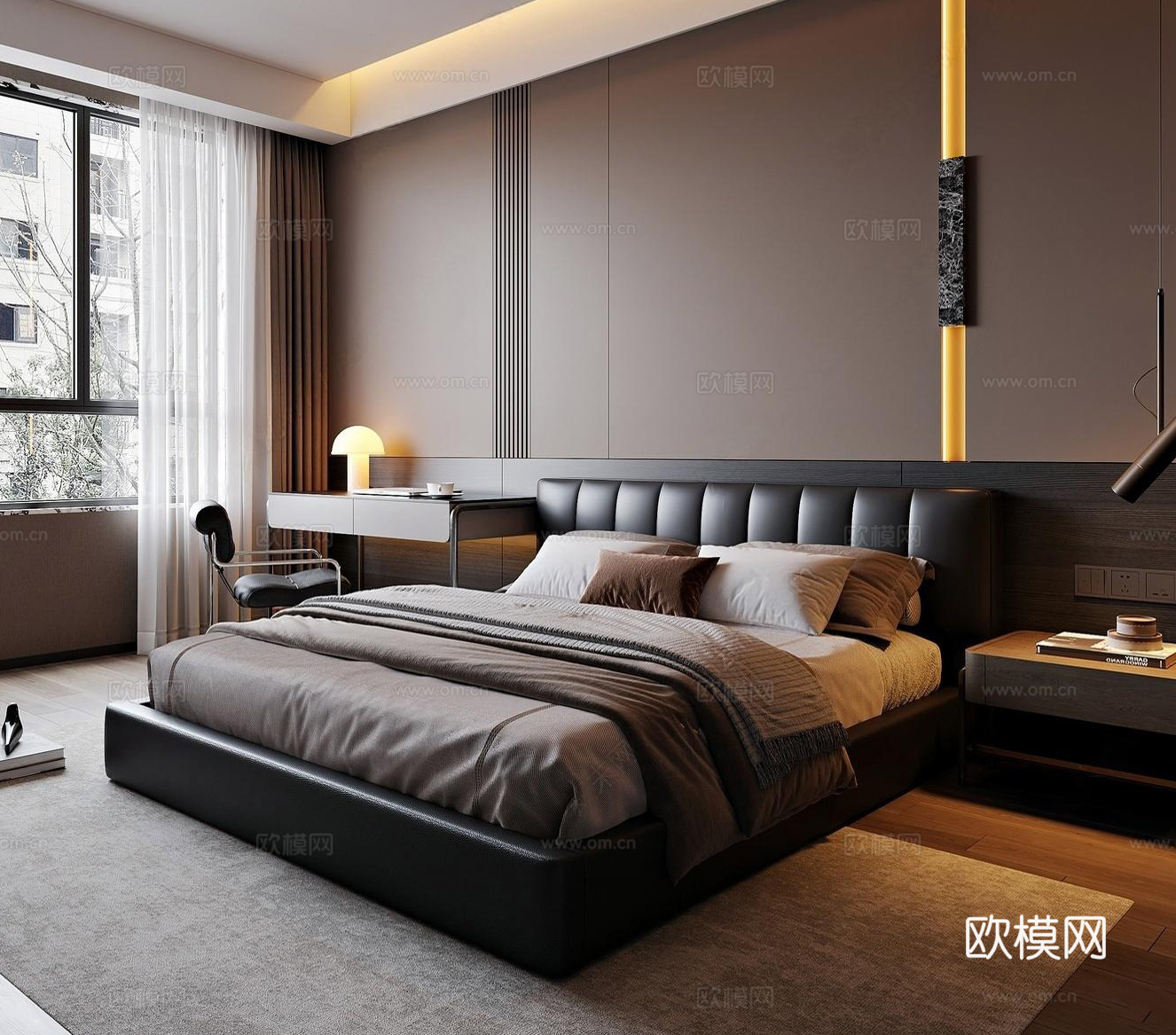 现代意式家居卧室 轻奢意式卧室 高级灰卧室 意式靠背双人床su模型