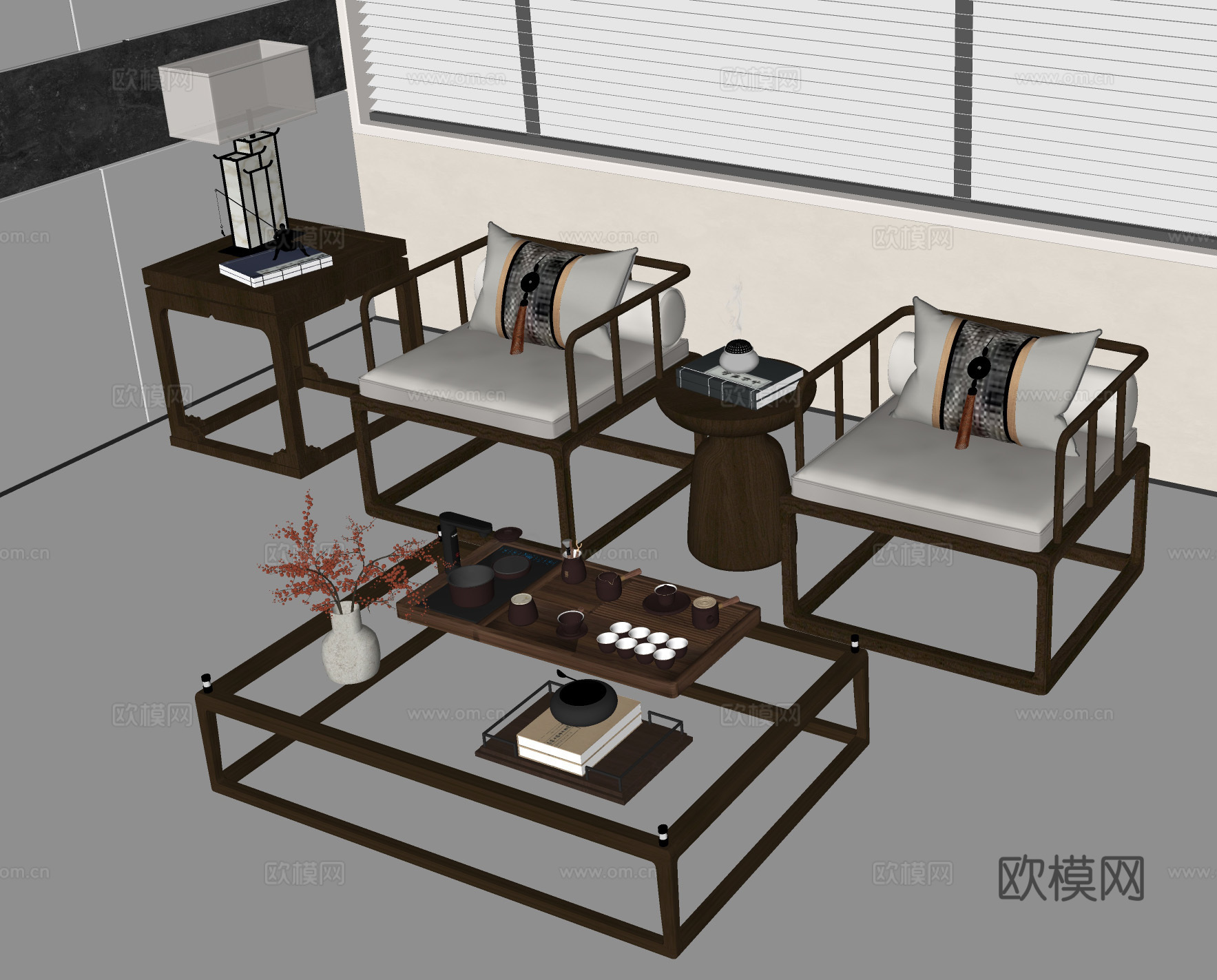 客厅休闲茶区 简约茶桌椅组合 金属框架家具 茶室空间su模型