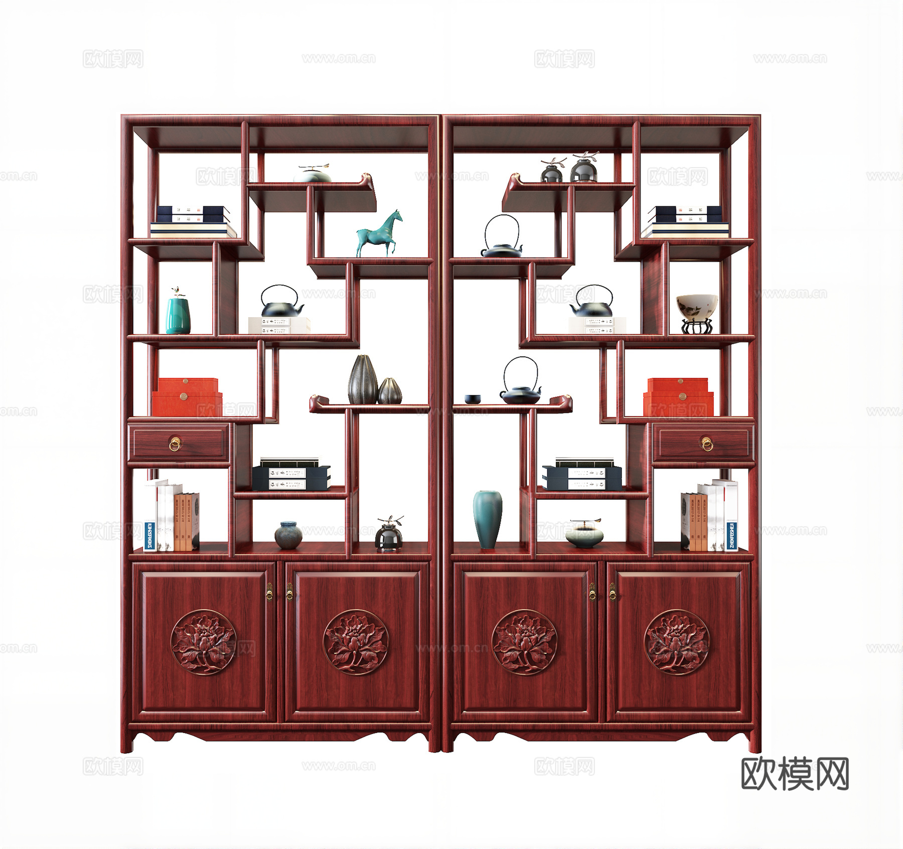 中式雕花红木博古架  中式红木博古架3d模型