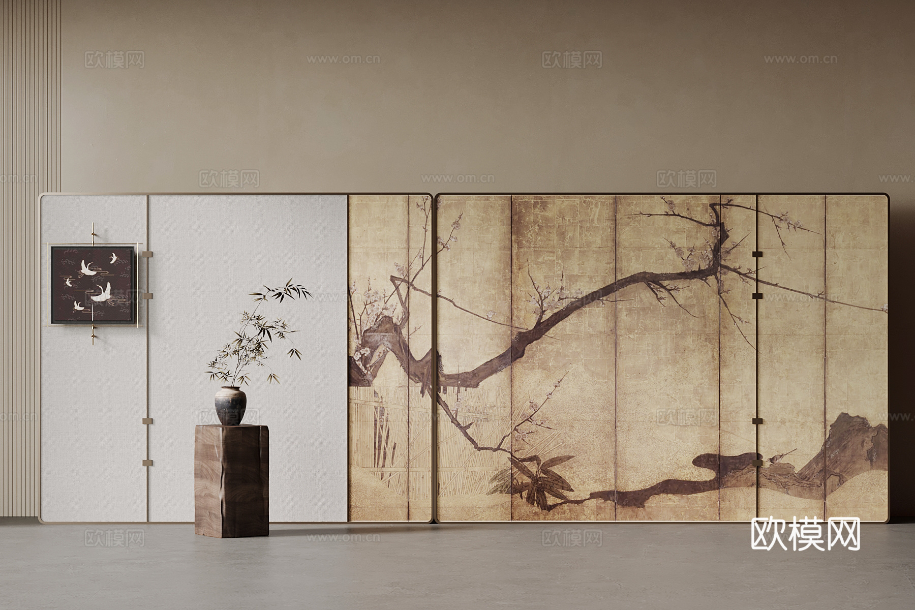 新中式屏风隔断 挂画 花瓶3d模型