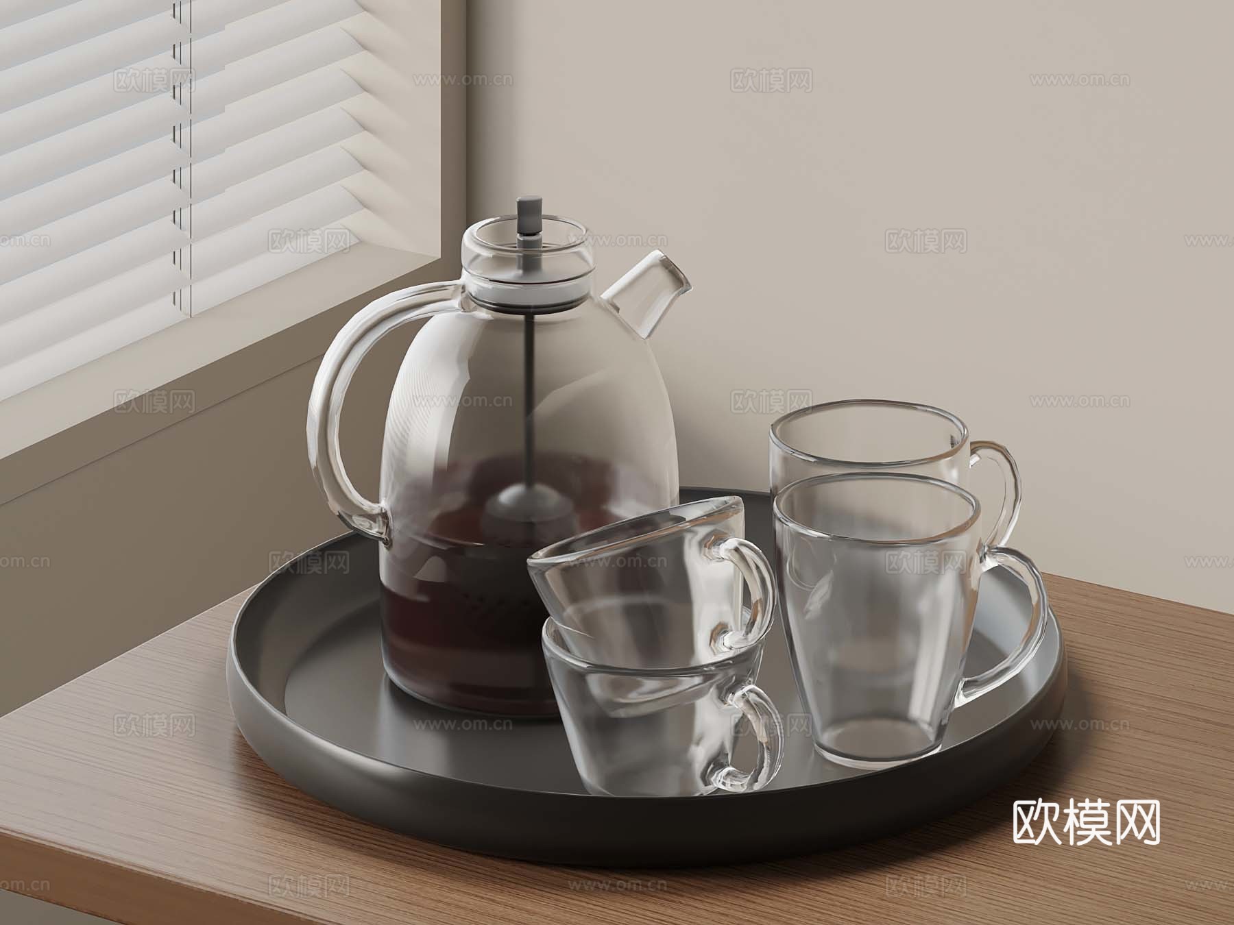 现代托盘 水瓶 水杯 玻璃杯su模型