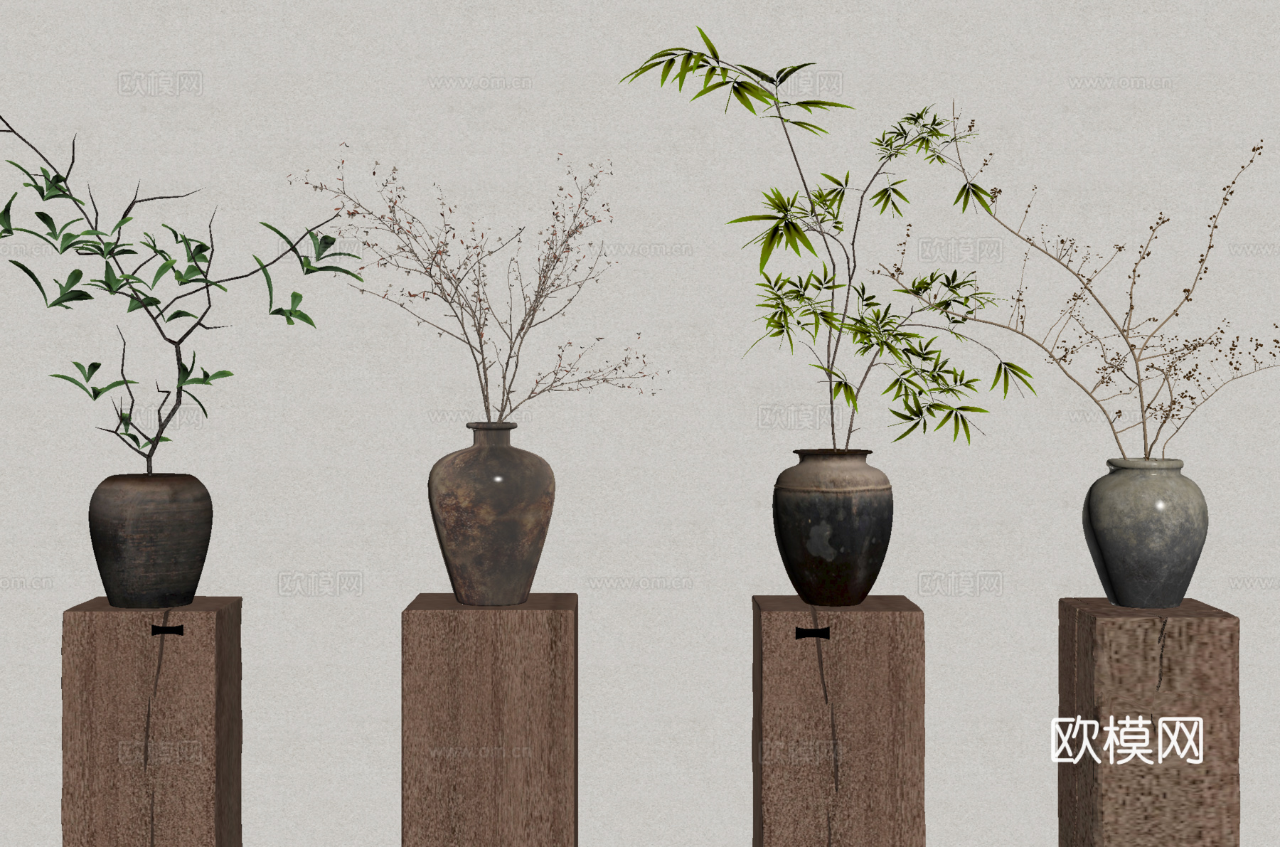 陶罐花瓶 干枝花艺 花几su模型