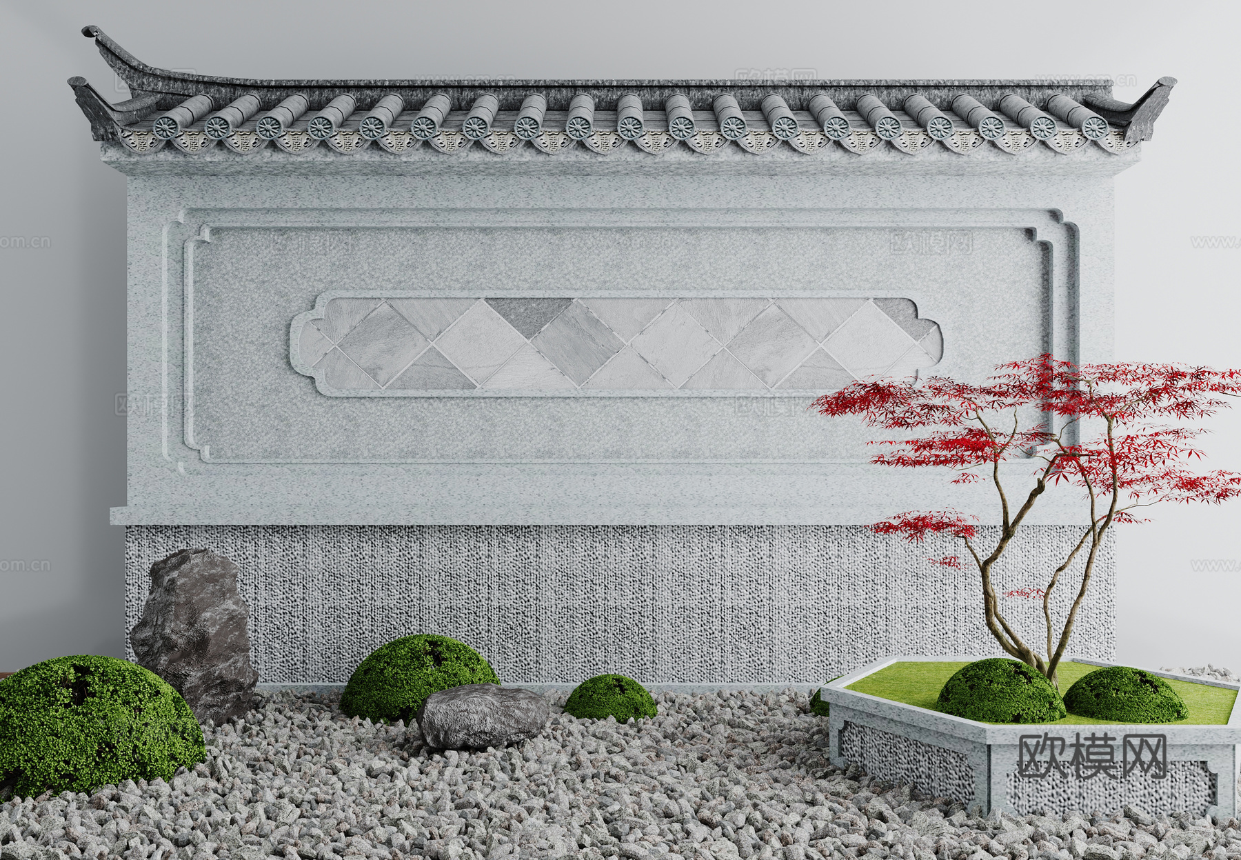 新中式庭院景观小品松树屋檐墙体石头苔藓鹅卵石3d模型