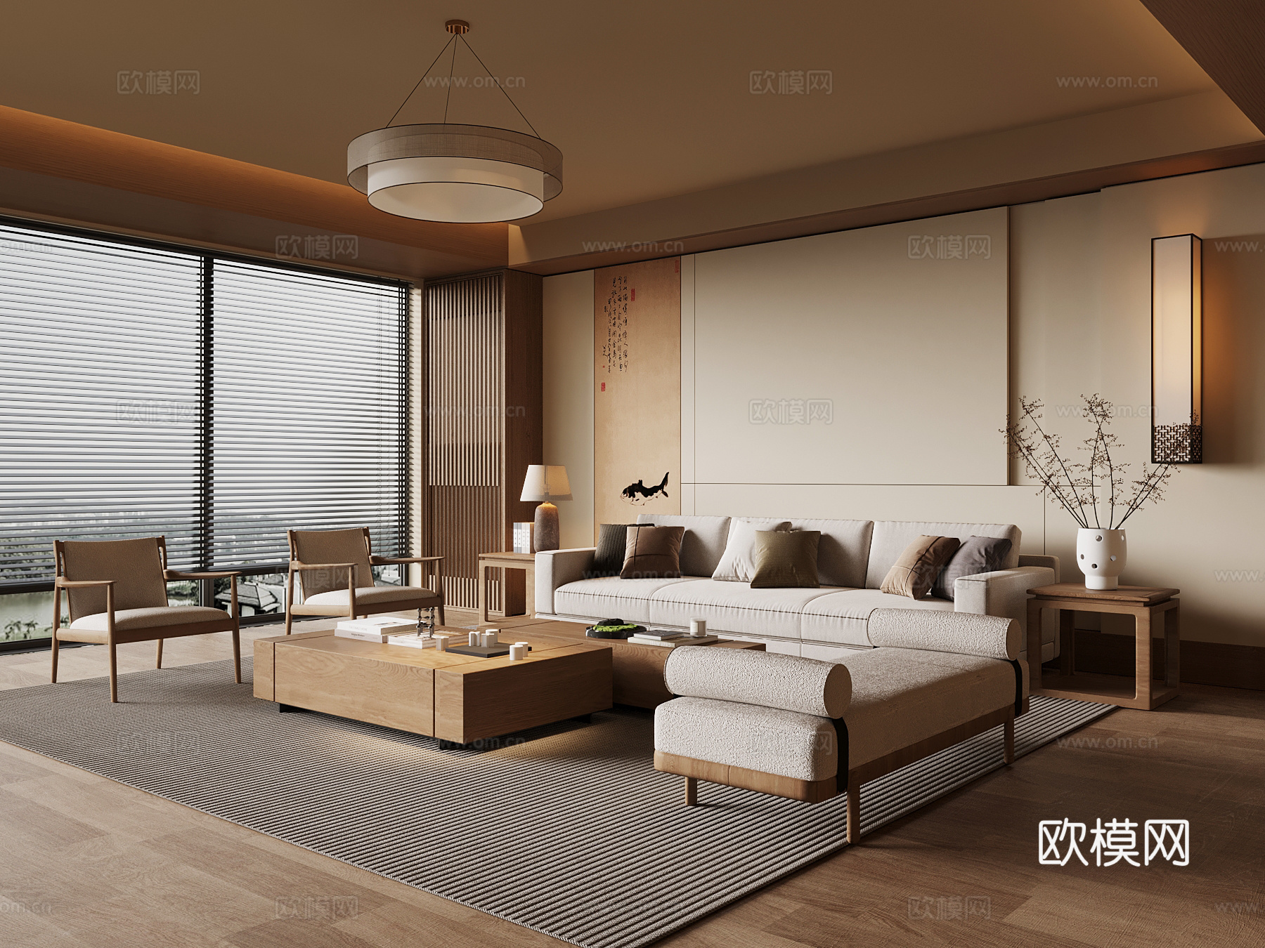 新中式客厅沙发茶几组合 吊灯3d模型