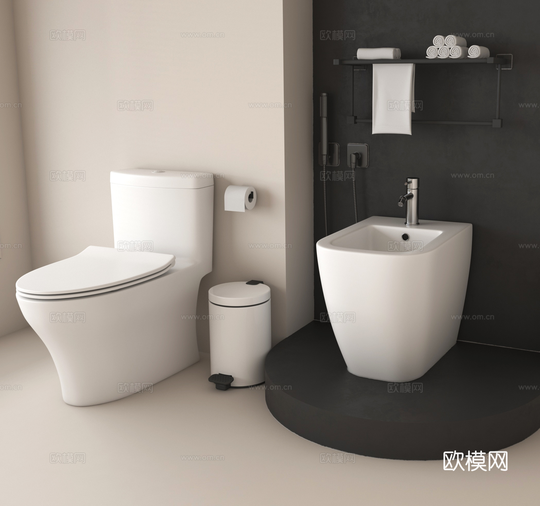马桶 坐便器 毛巾架 垃圾桶3d模型