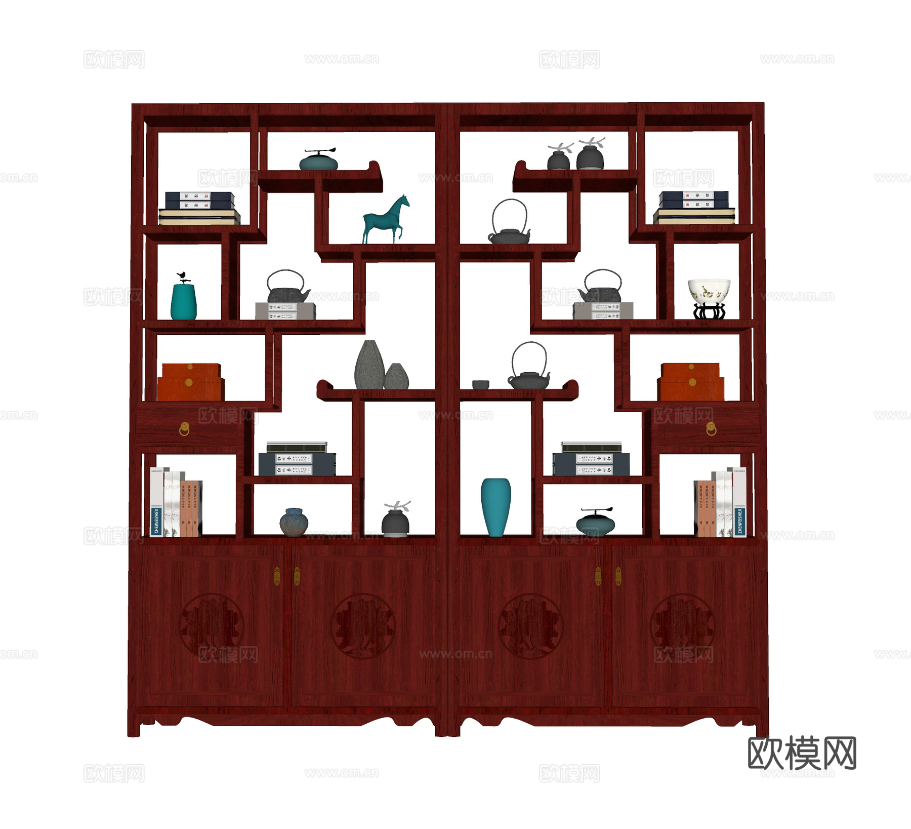 中式雕花红木博古架  中式红木博古架su模型