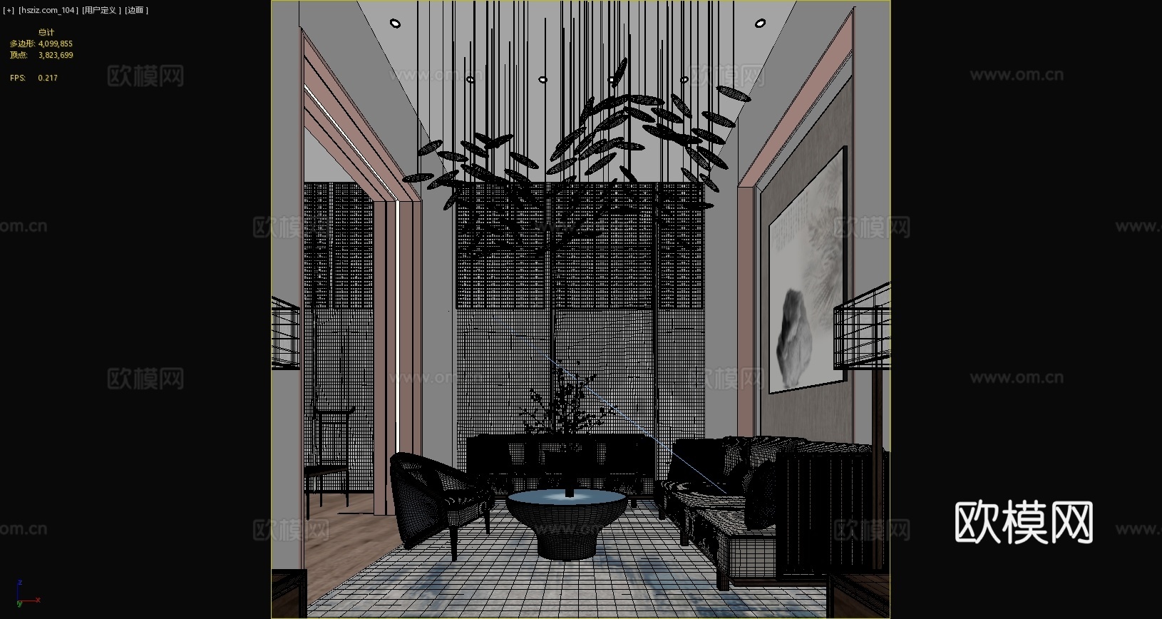 新中式客厅接待室会客厅沙发单人椅茶几吊灯挂画地毯3d模型