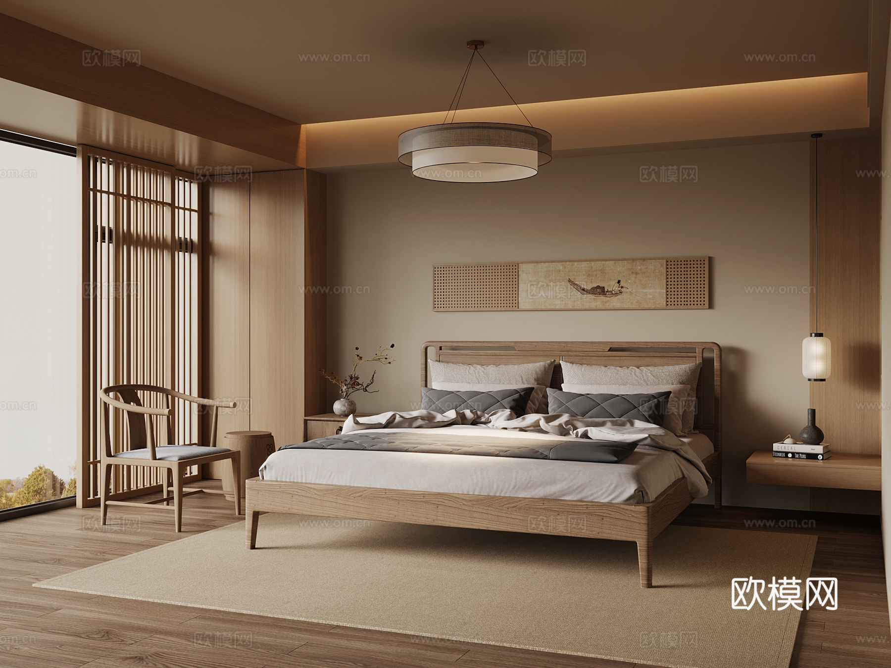新中式卧室 双人床3d模型