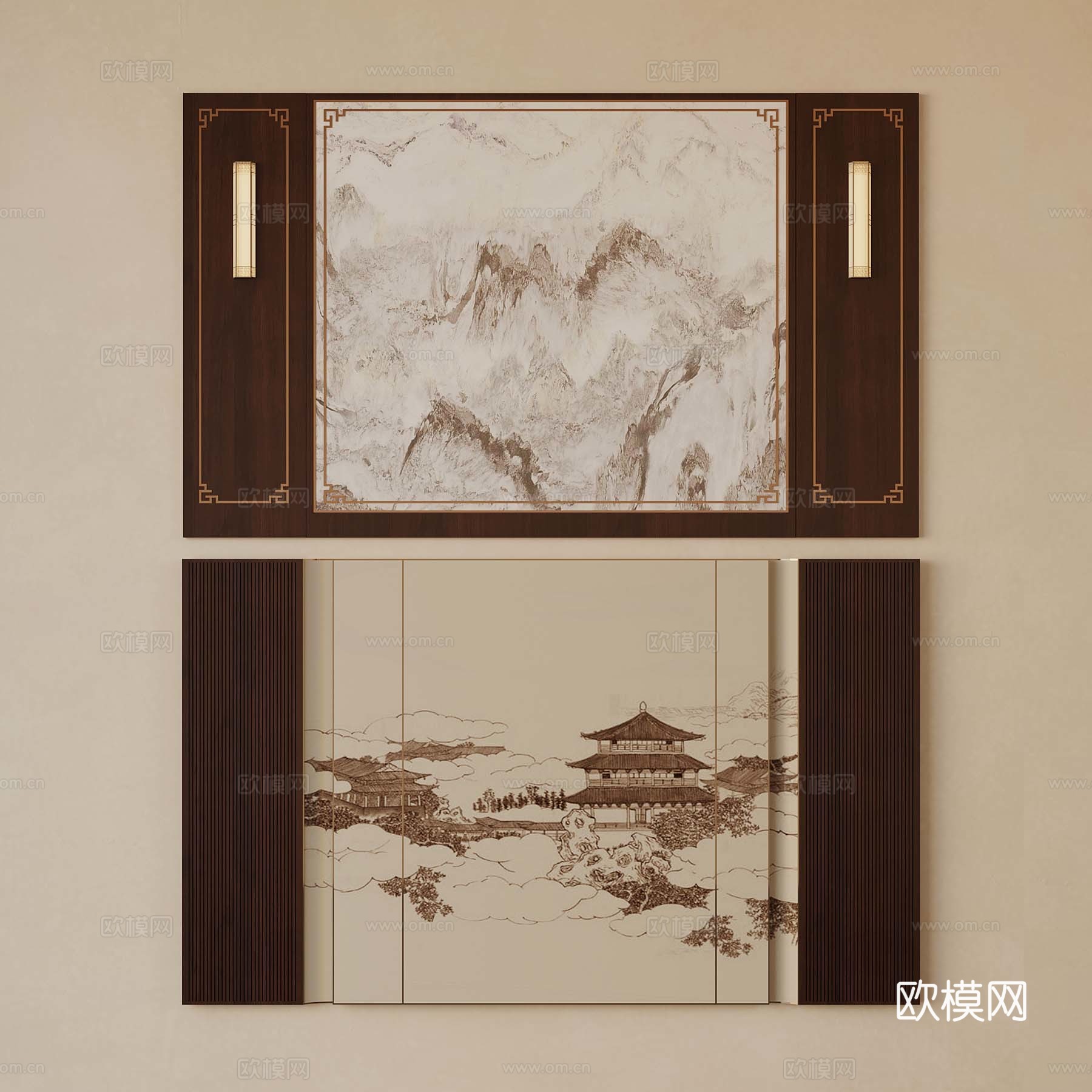 新中式背景墙 电视背景墙 沙发背景墙su模型