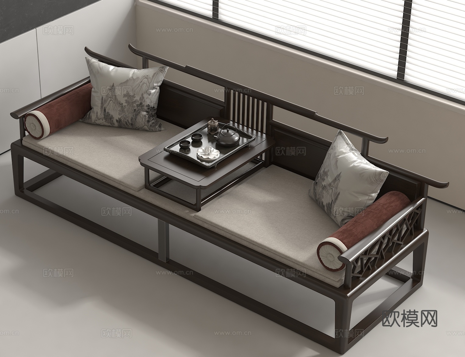 新中式罗汉床 中式禅意沙发 茶室家具组合 现代中式卧榻3d模型