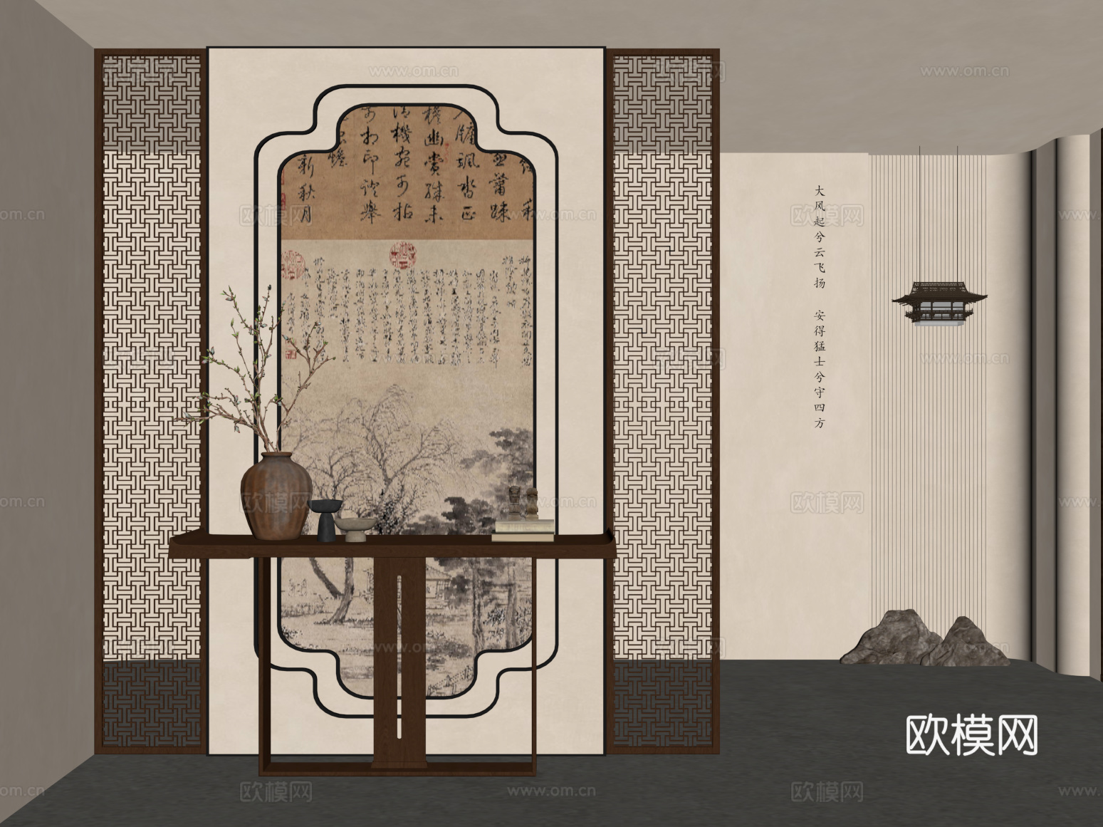 玄关 新中式玄关 隔断 装饰画 绿植su模型