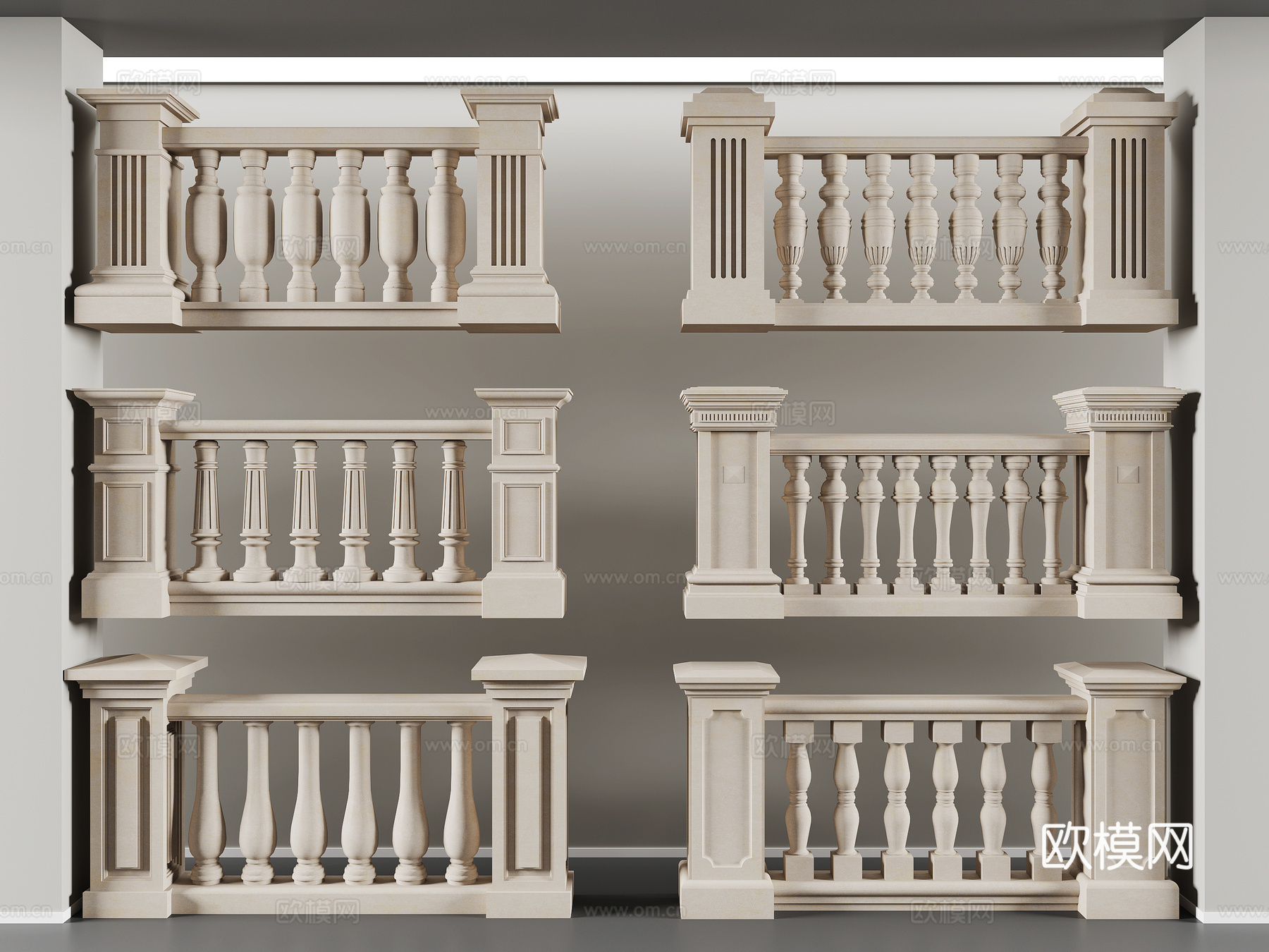 欧式栏杆 雕花线条 矮柱 石柱3d模型
